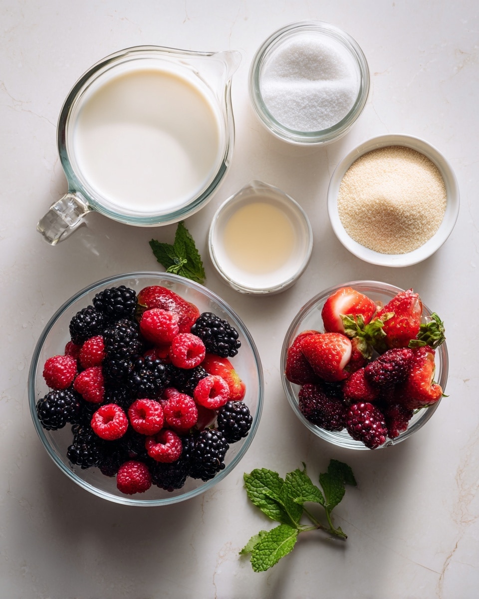 A close-up of a small, round white creamy dessert with a smooth texture on a beige plate, topped with fresh red strawberry slices and a shiny black blackberry, with red syrup lightly dripping down the sides and pooling on the plate, all set on a white marbled surface photo taken with an iphone --ar 4:5 --v 7