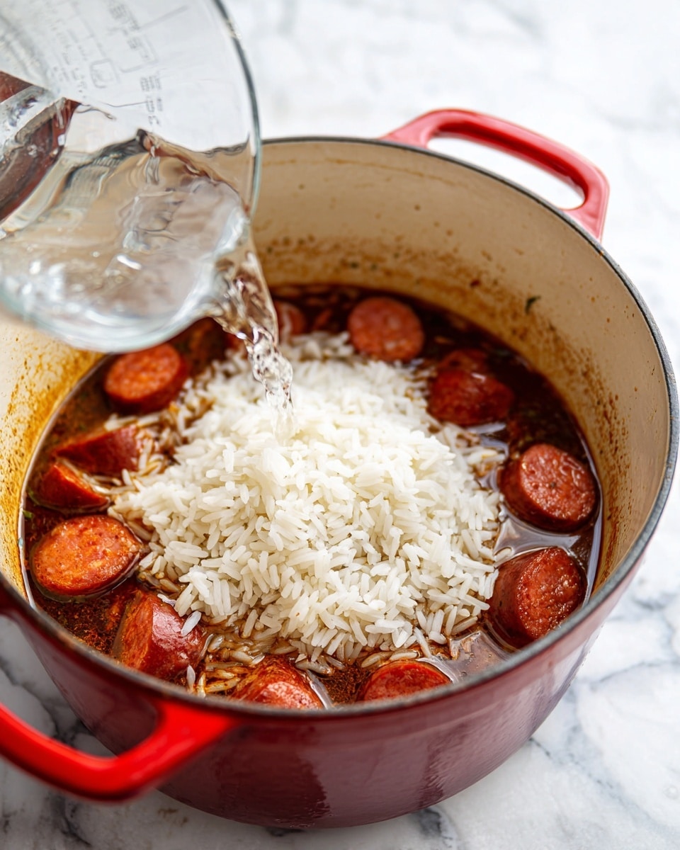 A white pot with red handles is shown on a white marbled surface. Inside the pot, there are three visible layers: at the bottom is a dark brown thick sauce with some bits sticking to the pot's sides, on top of that there are medium-sized pieces of sliced sausages with a reddish color, and the top layer is raw white rice scattered over the sausages. A clear measuring cup is pouring water into the pot from the left side. Photo taken with an iphone --ar 4:5 --v 7