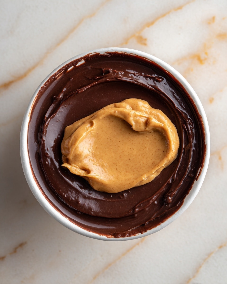 A white cup sits on a white marbled surface filled with a thick layer of smooth dark brown chocolate. On top in the center is a dollop of light brown peanut butter with a creamy texture, resting over the chocolate layer. The inside edges of the cup show some chocolate smudges giving a natural look. The image is shot from above, showing the round shape of the cup and the dark and light brown colors clearly. photo taken with an iphone --ar 4:5 --v 7