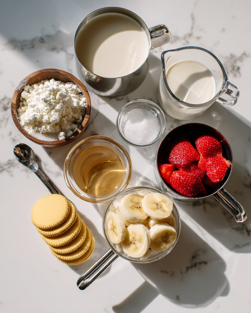 The image shows a white marbled surface holding several measuring cups and small bowls with ingredients. There is a clear measuring cup with white milk on the top right, and another clear measuring cup with cream slightly left above the center. Below these, a metal measuring cup on the right holds frozen red strawberries, while another metal measuring cup below it holds frozen banana slices. In the center is a small clear bowl with a light brown liquid, likely vanilla extract. To the left, there is a metal measuring spoon with white cottage cheese, a small brown wooden bowl with white granulated sugar, and two yellow sandwich cookies stacked next to it. The setup is bright with natural light, and the arrangement is neat and ready for mixing. Photo taken with an iphone --ar 4:5 --v 7