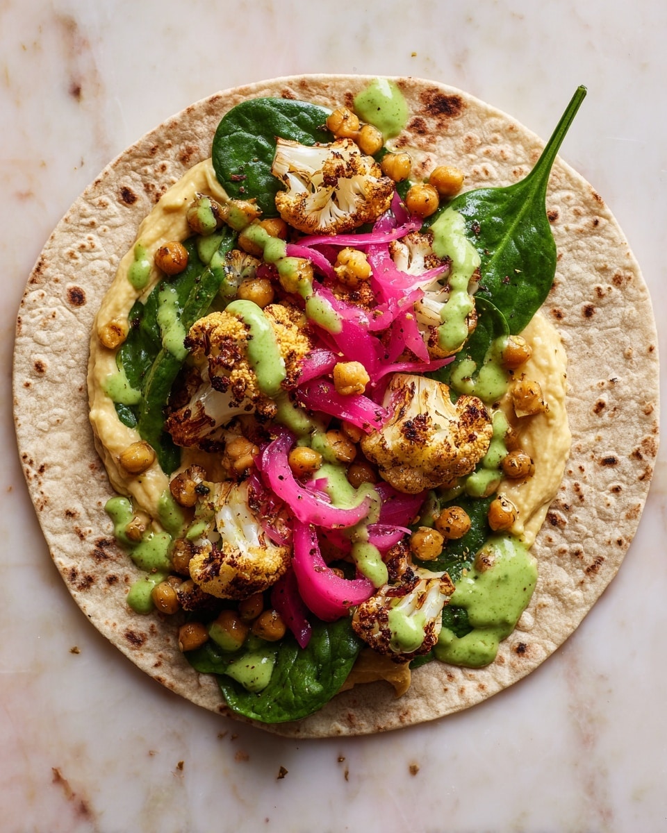 A plain whole wheat tortilla lays flat on a white marbled surface, spread thinly with a layer of creamy light yellow hummus. On top, there is a layer of small golden brown chickpeas scattered along the middle. Above that are pieces of roasted cauliflower, white with light brown grill marks. Fresh green spinach leaves sit behind the cauliflower, while bright pink pickled onion slices rest on top and a drizzle of vibrant green sauce finishes the layered look. The image shows the wrap open and not folded photo taken with an iphone --ar 4:5 --v 7