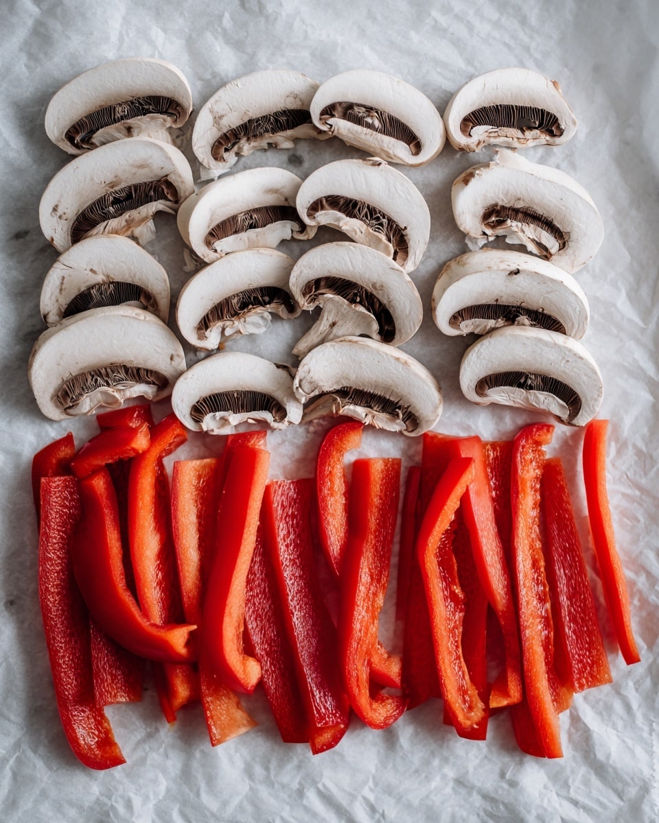 The image shows a close-up of thinly sliced mushroom caps and red bell pepper strips arranged neatly on a white marbled textured surface covered with white parchment paper. There are two rows of mushroom slices at the upper part of the image, each slice showing a white top layer with a smooth texture and dark brown gills underneath, creating a layered look. Below the mushrooms, two rows of bright red bell pepper strips display a smooth, slightly shiny surface with a hollow center and varied thickness. The colors contrast with the clean white marble background, highlighting the fresh vegetables in a tidy, organized layout. photo taken with an iphone --ar 4:5 --v 7