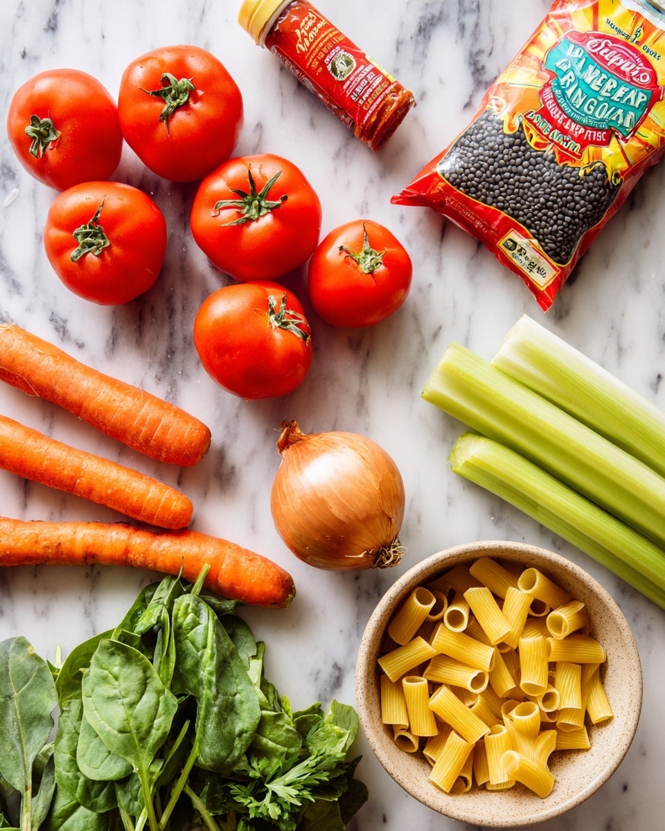 The image shows fresh cooking ingredients on a white marbled surface. There are four bright red tomatoes arranged in a loose group on the left side. Below the tomatoes, two orange carrots with green tops lie next to each other. To the right, a beige bowl filled with yellow rigatoni pasta sits near the bottom right corner. Next to the bowl, three pale green celery stalks are laid out flat. Above the celery, a red onion with its outer skin is placed near the center of the image. A small cluster of green herbs is near the top left corner, with some garlic bulbs and fresh spinach leaves on the top right. A colorful package of black lentils with a retro-style label is placed near the middle, along with a tube of red tomato paste above it. The overall scene is bright and casual, showing fresh, whole ingredients ready for cooking. photo taken with an iphone --ar 4:5 --v 7