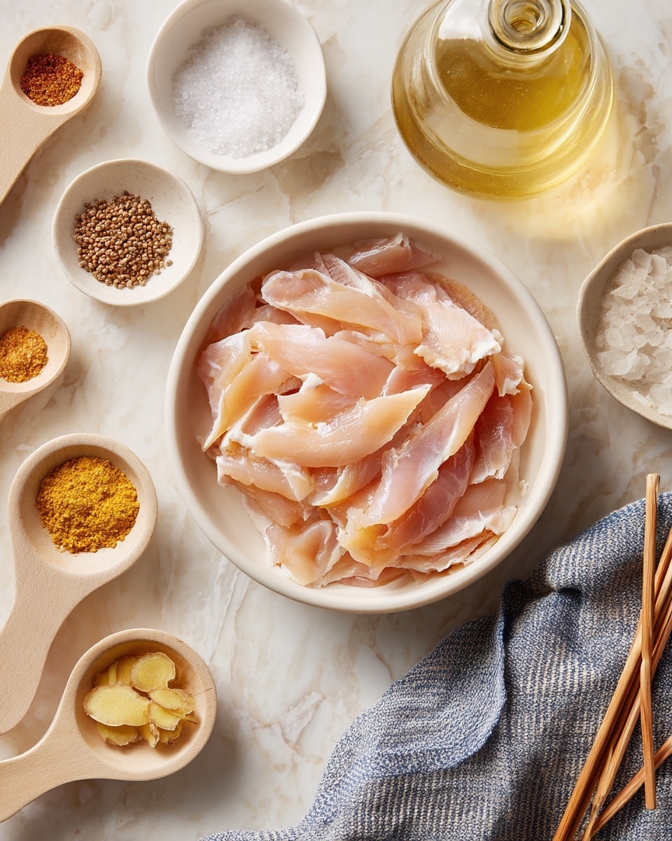 A white bowl sits in the center filled with raw, thin slices of light pink chicken arranged in layers overlapping each other. Around the bowl, there are small white dishes and wooden spoons holding different ingredients: a coarse white salt, ground spices in light and dark brown shades, finely chopped yellow ginger, light golden brown sugar, and a pale orange creamy sauce. A clear glass bottle with a light yellow liquid is near the top right, and a textured white marbled surface is underneath everything. A folded blue-grey striped cloth and wooden toothpicks lie near the bottom right of the frame. Photo taken with an iphone --ar 4:5 --v 7