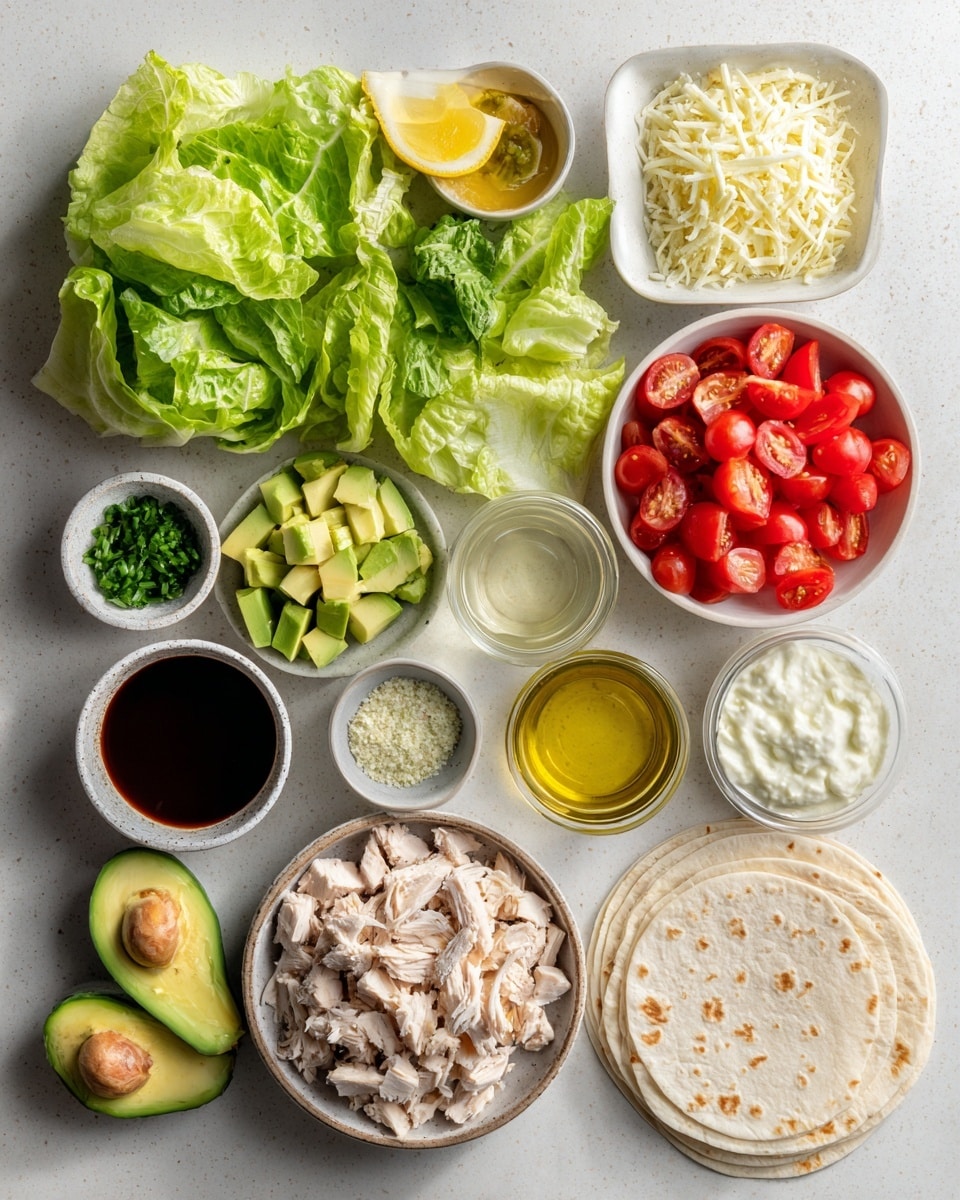 The image shows several wraps stacked close together, each filled with multiple visible layers. The outer wrap is golden brown with some darker toasted spots, having a slightly rough and crisp texture. Inside, there are layers of fresh green lettuce, bright red cherry tomato halves, chunks of light beige cooked chicken, creamy white sauce drizzled generously over the filling, and pieces of pale green avocado. The filling is thick and spilling slightly from the edges of the wraps, with a sprinkle of black pepper on top. The wraps rest on a white marbled surface with a soft blue background blurred behind them. Photo taken with an iphone --ar 4:5 --v 7