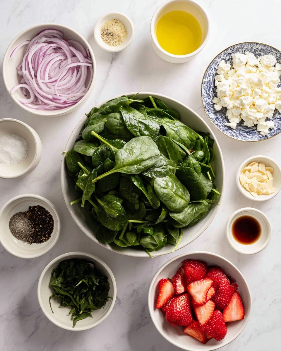 The image shows a white bowl full of fresh, dark green spinach leaves in the center on a white marbled surface. Around it, there are smaller white bowls and cups with different colorful ingredients: sliced red strawberries on the bottom right, crumbly white cheese in a white bowl with a blue pattern on the top right, light yellow oil in a white cup on the top left, thinly sliced red onions in a white bowl on the left, dark green leafy herbs in a white bowl below the onions, small bowls with black pepper, salt, light yellow lemon juice, brown balsamic vinegar, and off-white almond flakes. Everything is neatly arranged in a flat lay style photo taken with an iphone --ar 4:5 --v 7