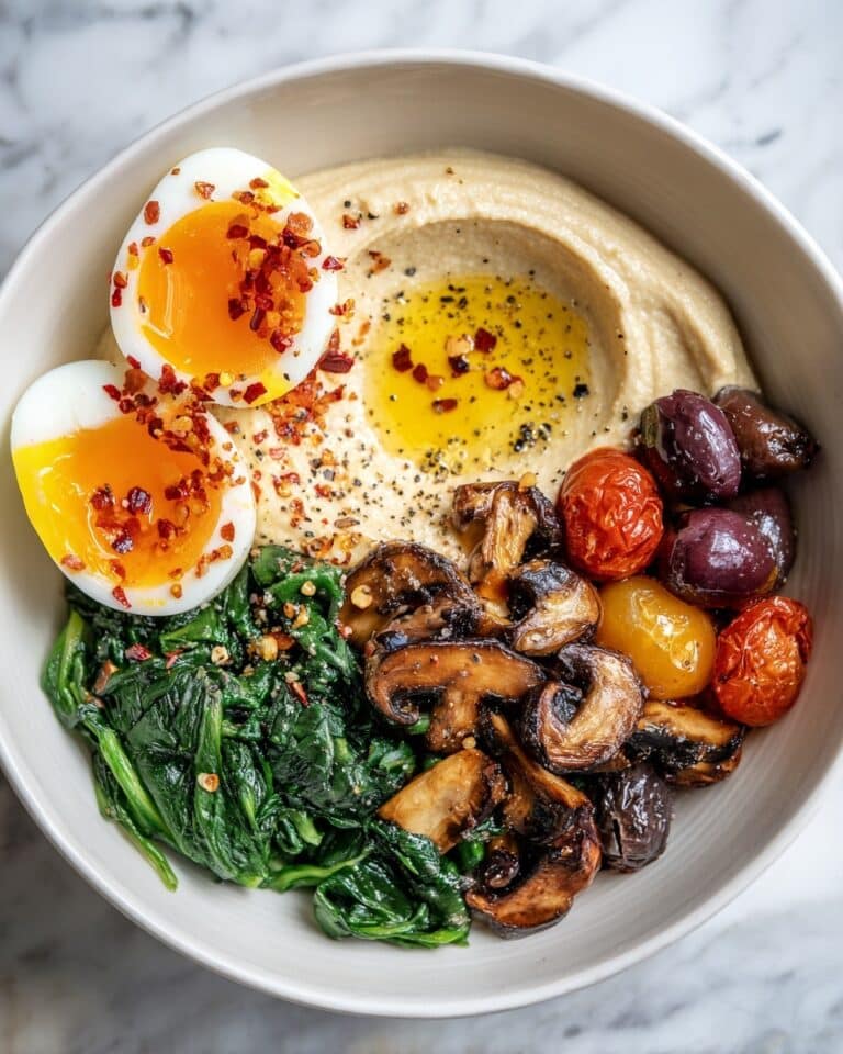 Mediterranean Savory Breakfast Bowls with Eggs, Mushrooms, Tomatoes, and Hummus Recipe