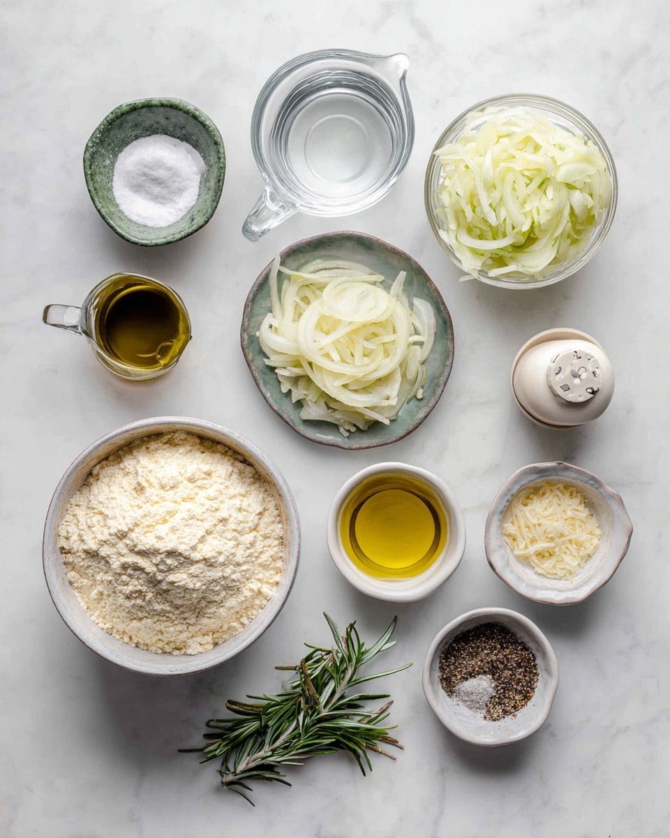 The image shows a white plate with a brown leafy pattern around the edge, holding several slices of a golden-brown flatbread. Each slice is topped with thinly sliced onion rings, which are caramelized and spread evenly across the top, giving a textured look. The flatbread has a slightly crispy crust and is sprinkled with black pepper and coarse salt, adding speckles of black and white. The plate sits on a bright blue tiled surface, and in the background, there is a white bowl with blue stripes filled with green olives. photo taken with an iphone --ar 4:5 --v 7