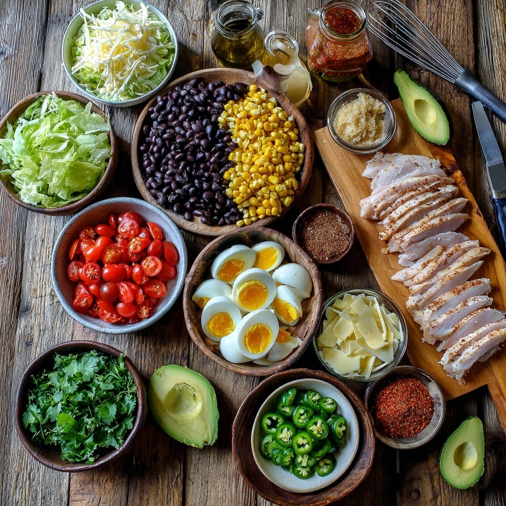 A large round black plate filled with a layered salad sits on a wooden board over a white marbled surface. The base layer is fresh green chopped lettuce spread evenly around the plate. On top, layers form distinct sections: one side has grilled golden-brown sliced chicken arranged in neat overlapping rows; next to it, slices of bright green avocado fan out in the center. Around the avocado, there are scattered halved cherry tomatoes in vibrant red and dark purple-red, with small cuts of red chili peppers adding bright pops of color. Toasted brown strips of tortilla chips are piled together on another side. Small portions of grilled yellow corn kernels are placed in clusters across the salad. Rings of soft boiled eggs with white edges and yellow centers sit near the chicken, all on a bed of shredded white cheese and black beans mixed throughout. The overall look is colorful and fresh, with varied textures and vibrant layers. photo taken with an iphone --ar 4:5 --v 7
