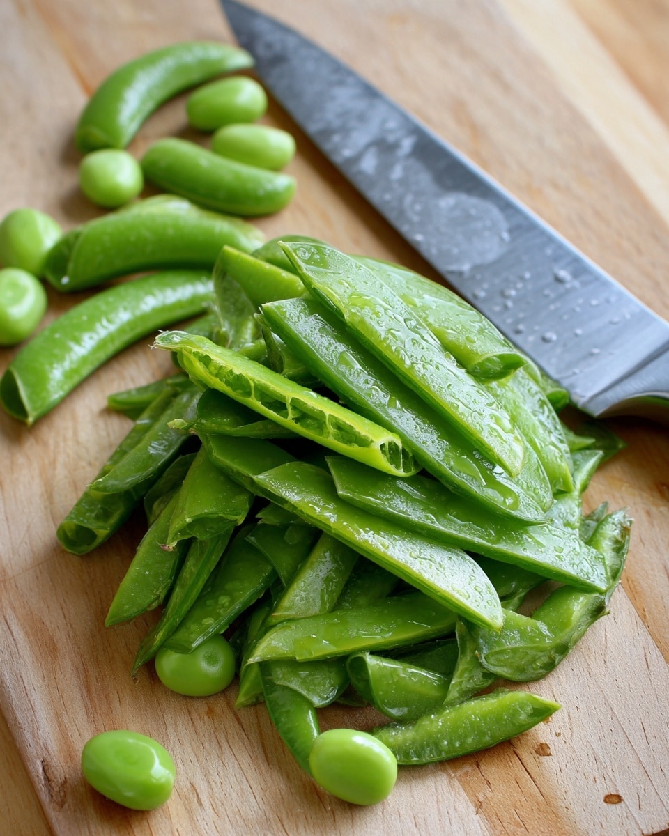 The image shows a pile of thinly sliced bright green pea pods placed next to a silver knife with a black handle, lying diagonally on a light wooden cutting board. Around the sliced pile, there are several whole, smooth green pea pods scattered, some slightly shiny with water drops. The surface of the cutting board is plain with natural wood grain patterns visible. photo taken with an iphone --ar 4:5 --v 7