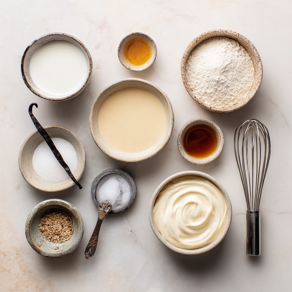 The image shows three white ramekins on a white marbled surface, each filled with a creamy beige custard topped by a caramelized golden-brown sugar crust. One ramekin in the center has a silver spoon inside, lifting a spoonful that reveals the smooth, light custard underneath the crackled caramel top layer. The caramel layer is glossy with uneven dark brown patches, and the custard looks soft and creamy. A vanilla bean pod lies next to the ramekins, adding to the dessert's vanilla theme. The bright light casts soft shadows around the ramekins, highlighting the dessert's texture and color. Photo taken with an iphone --ar 4:5 --v 7