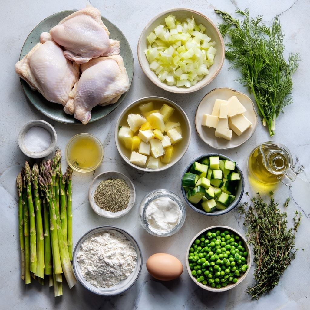 Two white bowls sit on a white marbled surface, each filled with clear broth soup layered with shredded light beige chicken pieces, bright green asparagus spears, green peas, small diced pale yellow vegetables, and sliced rings of light green leek. Floating on top are two pale, fluffy dumplings speckled with finely chopped green herbs and cracked black pepper. The broth shines with small droplets of olive oil, and fresh green herbs are scattered throughout the soup. A silver spoon rests inside the upper bowl. Photo taken with an iphone --ar 4:5 --v 7