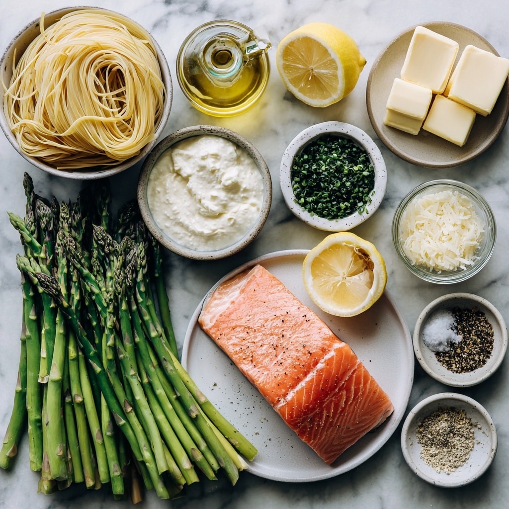 A close-up view of a pasta dish with three main layers: the bottom layer is light yellow spaghetti noodles that are soft and slightly glossy; the middle layer has bright green asparagus pieces cut into short segments, some with tips visible, scattered evenly; the top layer shows chunks of pink cooked salmon with a slightly flaky texture, sprinkled with grated white cheese and small black pepper specks. The dish is in a white pan placed on a white marbled surface. photo taken with an iphone --ar 4:5 --v 7