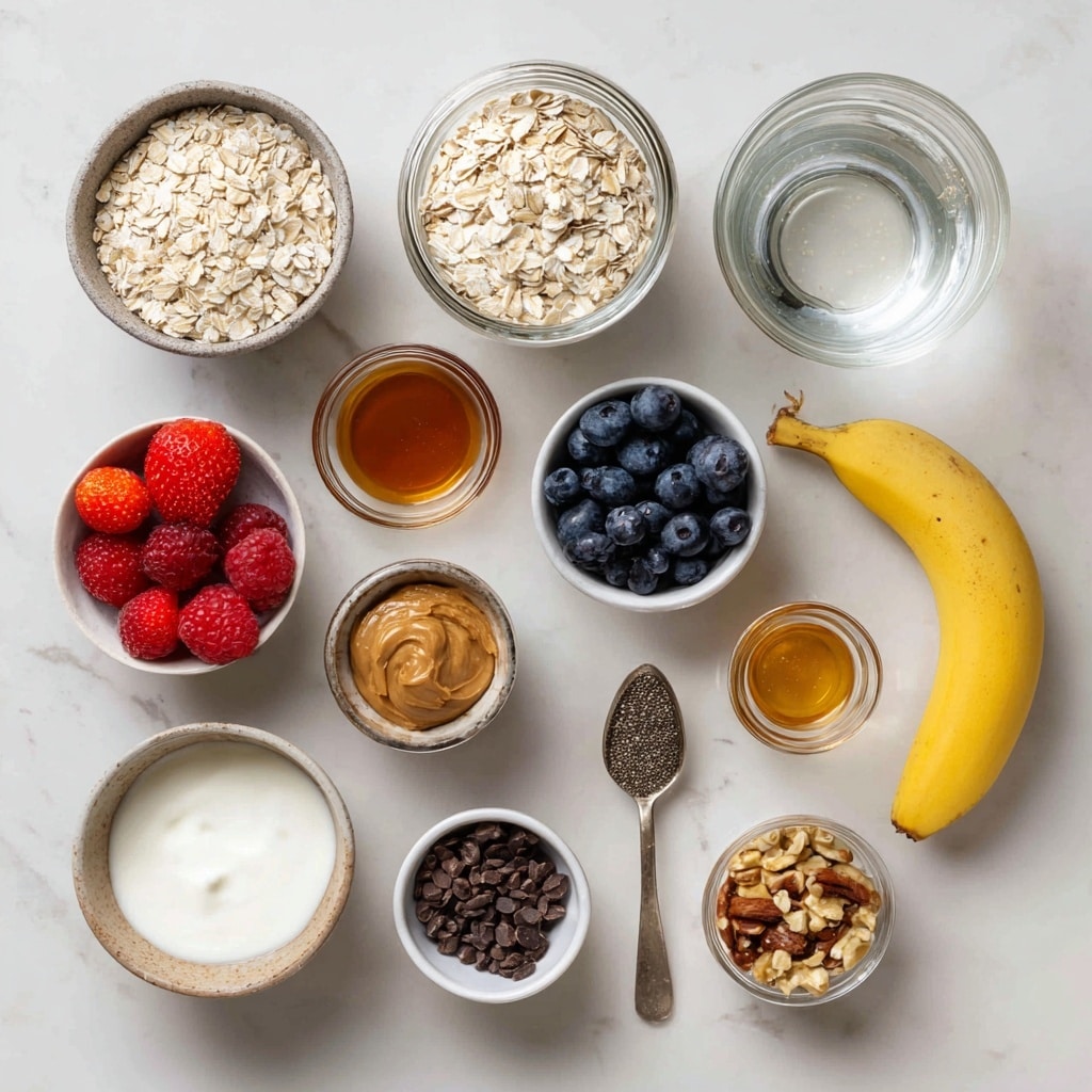A white bowl sits on a white marbled surface, filled with three distinct layers: large beige rolled oats covering most of the bowl in the upper half and some on the lower right, a dense, black layer of tiny chia seeds in the lower left, and a dollop of thick, creamy white yogurt placed on top of the oats on the right side. Scattered oat flakes surround the bowl. Nearby, there is a gold spoon with white powder and a small bowl of oats below the main bowl. Photo taken with an iphone --ar 4:5 --v 7