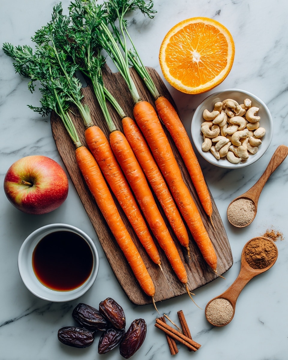 The image shows a group of fresh whole carrots with green tops placed on a wooden board sitting on a white marbled surface. Around the carrots, there are two halves of an orange with a bright, juicy inside, a red apple, and a small white bowl full of cashew nuts resting on the surface with some scattered around it. Below the nuts, a few dark brown dried dates are arranged near a small white bowl filled with a dark liquid, possibly syrup. To the right of the dates and liquid, several whole nutmeg seeds lie near two wooden spoons; one holds a light brown powder, and the other a darker brown spice. Some cinnamon sticks are positioned next to the carrots on the right side. The overall scene is bright and fresh, showing natural textures and colors with good lighting. photo taken with an iphone --ar 4:5 --v 7