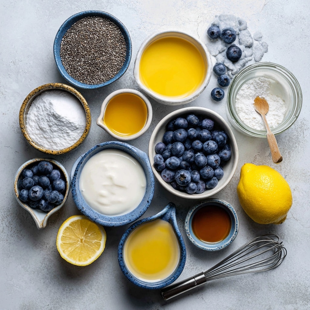 This image shows a clear glass jar with three main layers. The bottom layer is a white chia pudding with tiny visible seeds and a creamy texture. On top of this is a thick, dark purple berry sauce that looks smooth and rich. Above that is another layer of the white chia pudding, followed by a final layer of the dark purple berry sauce. The jar is topped with fresh blueberries and a thin lemon slice leaning against the blueberries. The jar is placed on a light wooden board on a white marbled surface, with other similar jars blurred in the background. Photo taken with an iphone --ar 4:5 --v 7