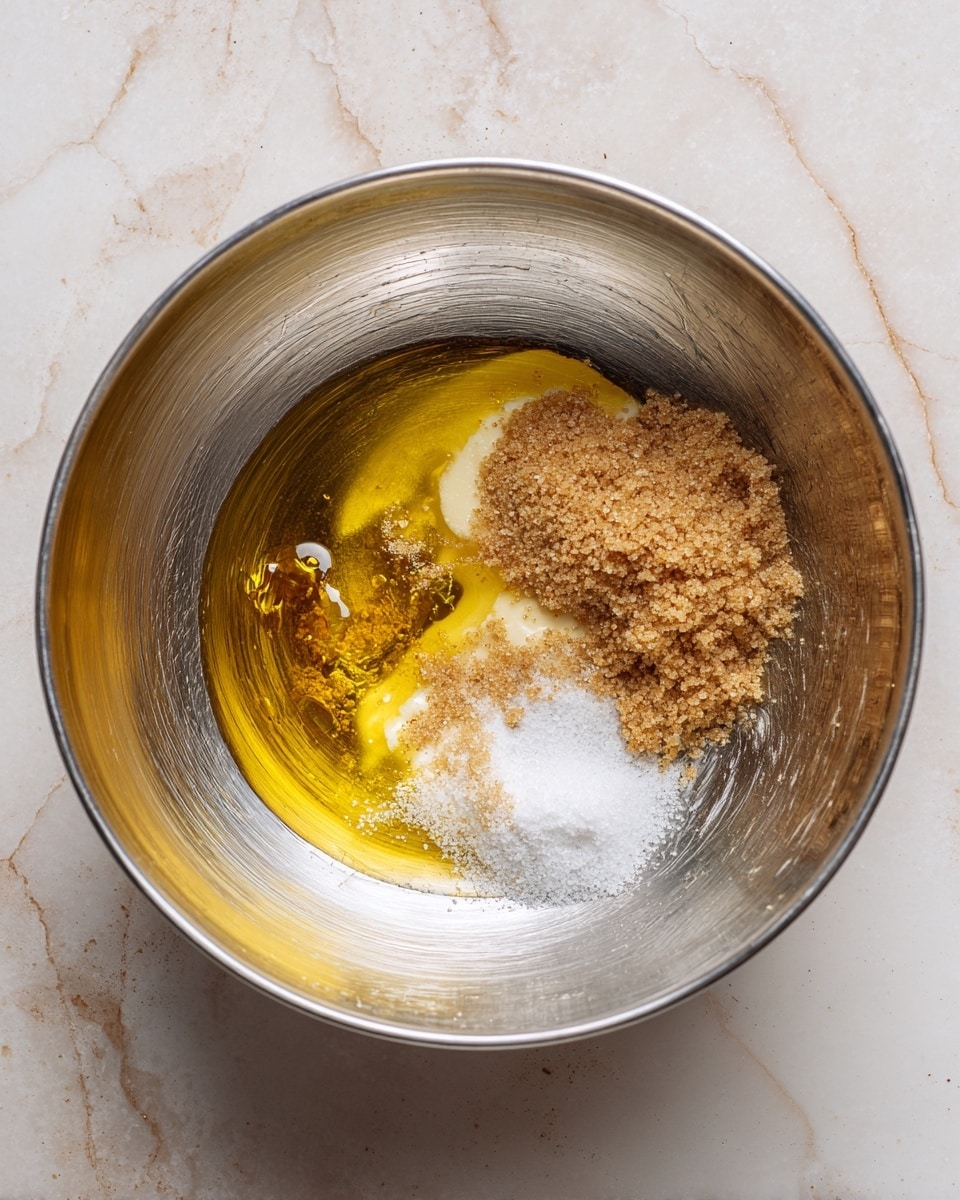 A silver metal mixing bowl sits on a white marbled surface, holding three separate layers of ingredients: melted golden yellow butter on the left, a small pile of light brown sugar on the right, and a small amount of white granulated sugar just below the brown sugar. The inner surface of the bowl shows many fine scratches, adding texture. photo taken with an iphone --ar 4:5 --v 7