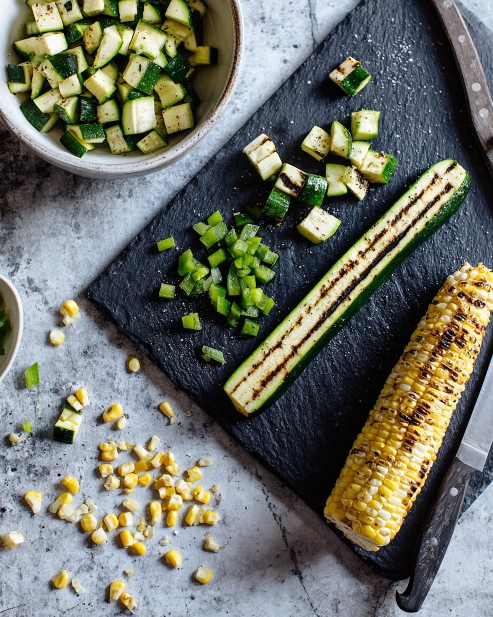 The image shows two black cutting boards placed on a white marbled surface. On the left board, chopped green zucchini pieces are scattered near the top center, with a long grilled zucchini strip featuring dark grill marks lying horizontally near the bottom. To the left, a white bowl filled with more cut and grilled zucchini pieces is partly visible. On the right board, there is a grilled corn cob with a light yellow color and charred spots, positioned horizontally near the bottom. Scattered corn kernels in yellow and white are spread above the cob. A knife with a black handle lies diagonally at the bottom right corner near the right board. Photo taken with an iphone --ar 4:5 --v 7