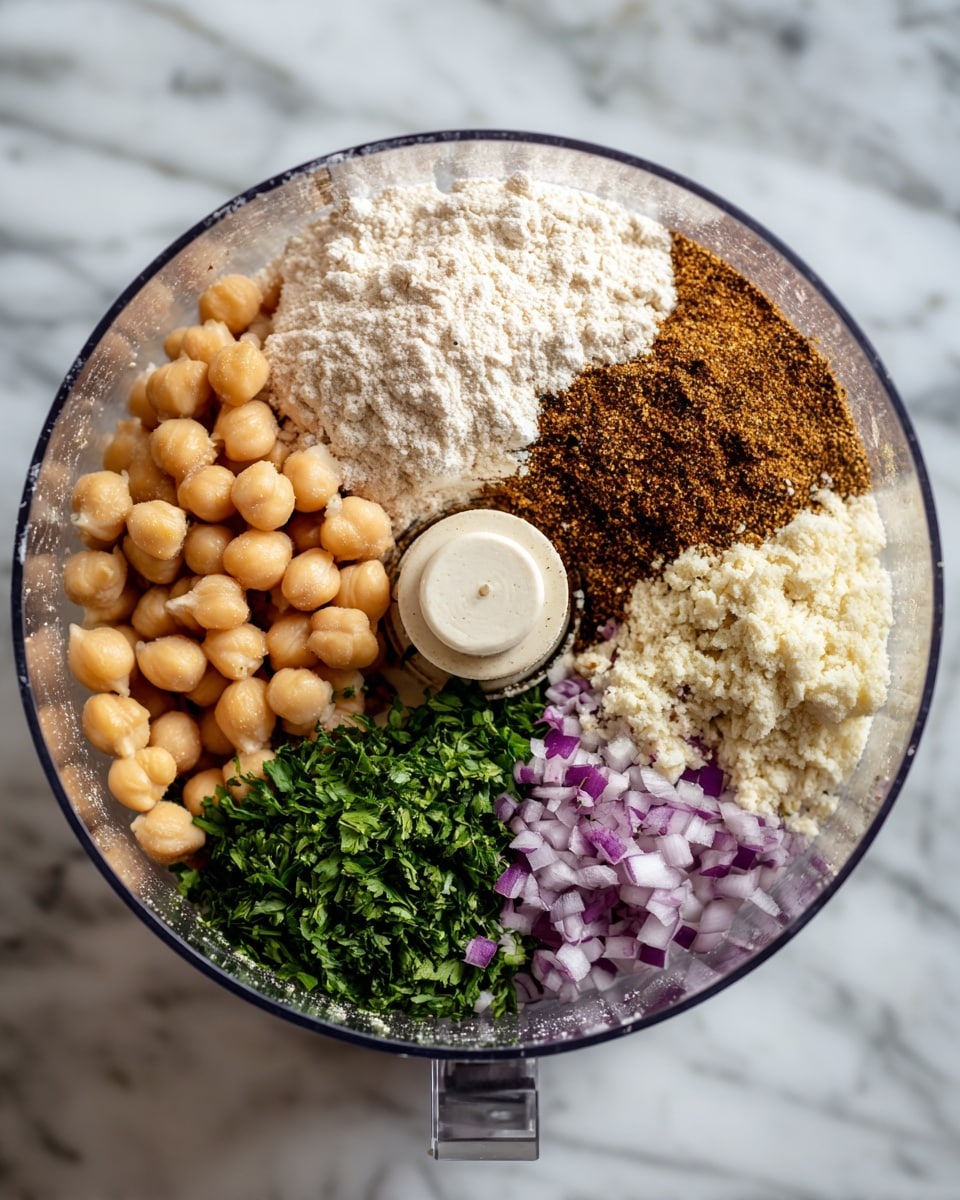 A clear round food processor bowl is filled with six separate layers arranged side by side: light brown chickpeas on the left, white flour next to it, a dark brown spice mix above chopped green parsley, minced white garlic, and small pieces of purple onion at the bottom right. The layers show different textures, from smooth chickpeas to finely chopped ingredients. The background is a white marbled surface, photo taken with an iphone --ar 4:5 --v 7