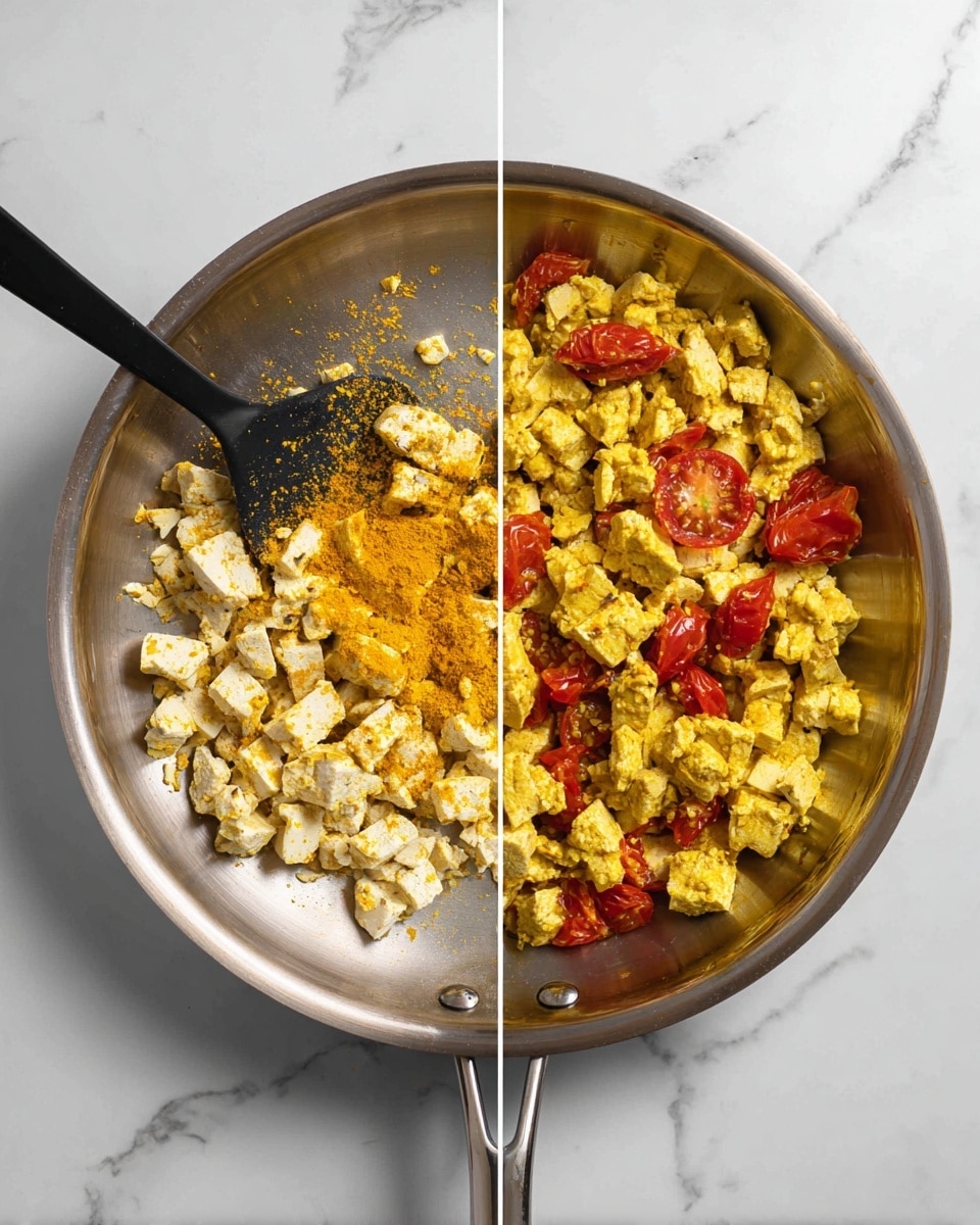 In a shiny metallic pan, there are two views of a soft scrambled tofu dish. On the left side, the tofu is fresh and white, broken into uneven chunks, with a yellow-orange spice being sprinkled over it from above, near a black spatula lying under the chunks. On the right side, the same tofu is now fully cooked, showing a smooth, creamy texture and bright yellow color from the spices. Red cherry tomato pieces are scattered on top, adding color contrast. The pan rests on a white marbled surface. Photo taken with an iphone --ar 4:5 --v 7