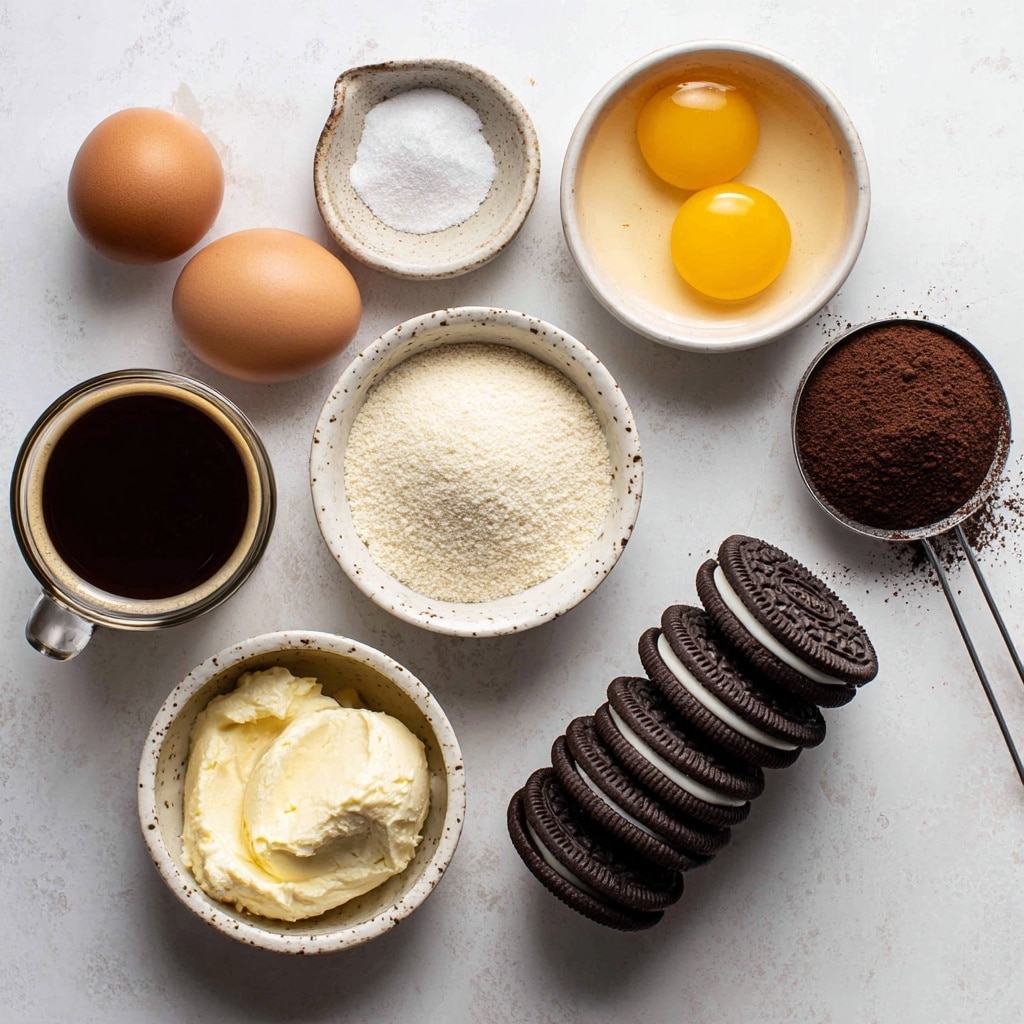 Four dessert glasses filled with a creamy white mixture layered with dark cookie pieces and topped with a thin layer of brown cocoa powder. Each glass has one or two dark cookie halves placed on top. The glasses are clear with long stems and sit on a white plate with brown powder scattered around. The background is a white marbled texture, and a small golden spoon rests on the plate near the front glass. photo taken with an iphone --ar 4:5 --v 7