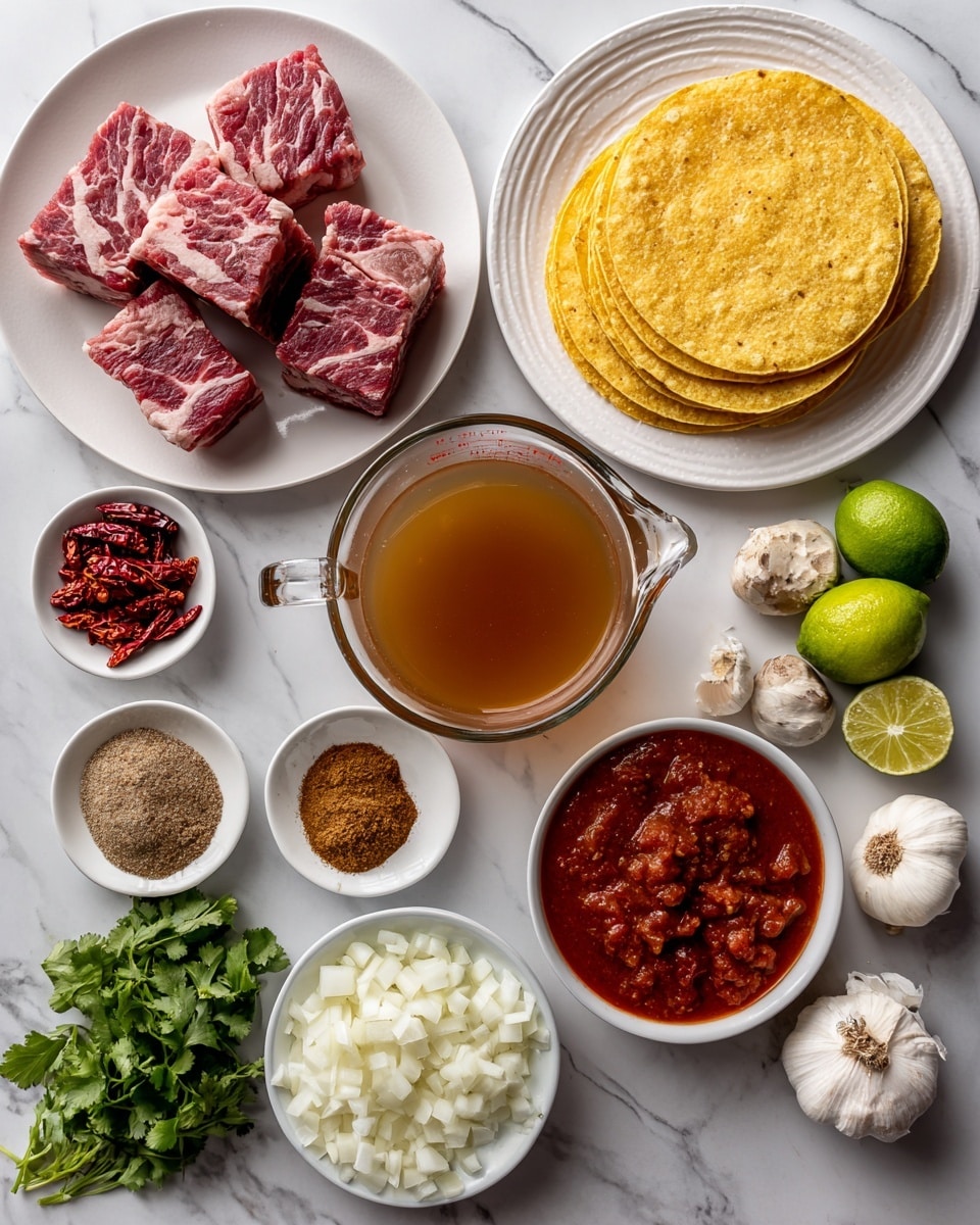 The image shows several ingredients arranged neatly on a white marbled surface. On the left, a white plate holds three raw meats with red and marbled white textures. Near the top right, a stacked pile of yellow corn tortillas sits on a white plate with subtle ridges. In the middle, a clear glass measuring cup is filled with a light brown broth. To the right of the broth is a bowl with chunky red sauce, with a small white bowl beside it holding an assortment of brown, green, and beige spices. Below, there is a bowl with finely chopped white onions and another with shredded white cheese. A small dish contains red dried peppers, and adjacent to this are chopped green cilantro leaves. Lime wedges, whole garlic cloves, and a small glass of water complete the spread. Photo taken with an iphone --ar 4:5 --v 7
