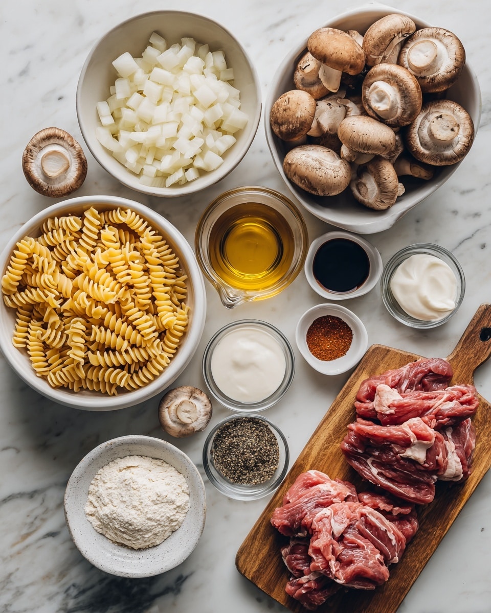The image shows various cooking ingredients neatly arranged on a white marbled surface: a large white bowl filled with yellow twisted pasta sits at the bottom left; above it is a white bowl with chopped white onions; next to it is a white bowl filled with whole brown mushrooms. In the middle, a clear glass measuring cup holds a light brown liquid, with a small clear glass bowl of golden oil beside it. To the right, a wooden board holds pieces of raw red meat with white fat bits mixed in. Surrounding these are small bowls and dishes containing white flour, white sour cream, dark liquid soy sauce in a tiny speckled white bowl, white salt in a clear bowl, and small clear bowls with black pepper and reddish spice powder. Photo taken with an iphone --ar 4:5 --v 7