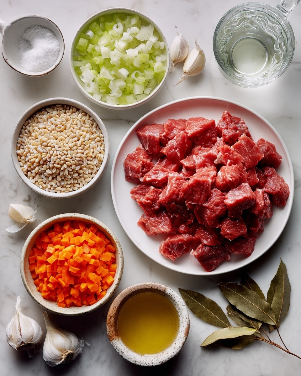 The image shows ingredients arranged neatly on a white marbled surface. In the center, there is a white plate holding raw beef pieces, rich red with white fat streaks, arranged in two layers. Surrounding the plate are bowls of diced celery in light green, chopped carrots in bright orange, and chopped onions in white, each in white bowls. To the left, a small white bowl is filled with wheat kernels. Below the plate, there is a small rustic brown bowl holding a clear golden liquid, possibly oil, and a white bowl containing coarse white salt. Two dried bay leaves lie beside the plate to the right, along with a glass measuring cup filled with clear water. Two garlic cloves rest above the plate. photo taken with an iphone --ar 4:5 --v 7