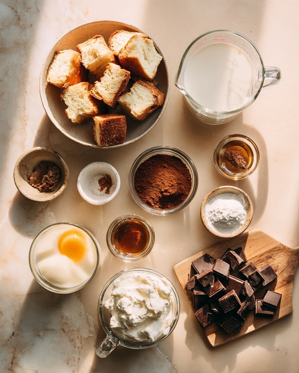 The image shows two white ceramic small baking dishes filled with a rich chocolate dessert. Each dish has a creamy brown base with chunks of bread or cake soaked in chocolate sauce. On top, glossy, melted thick dark chocolate pools unevenly, covering the surface in a shiny layer. The dishes sit on a soft pink surface with a slightly blurred silver spoon and other baking tools in the background, on a white marbled texture. The focus is on the front dish, showing the texture and shine of the chocolate dessert clearly. Photo taken with an iphone --ar 4:5 --v 7