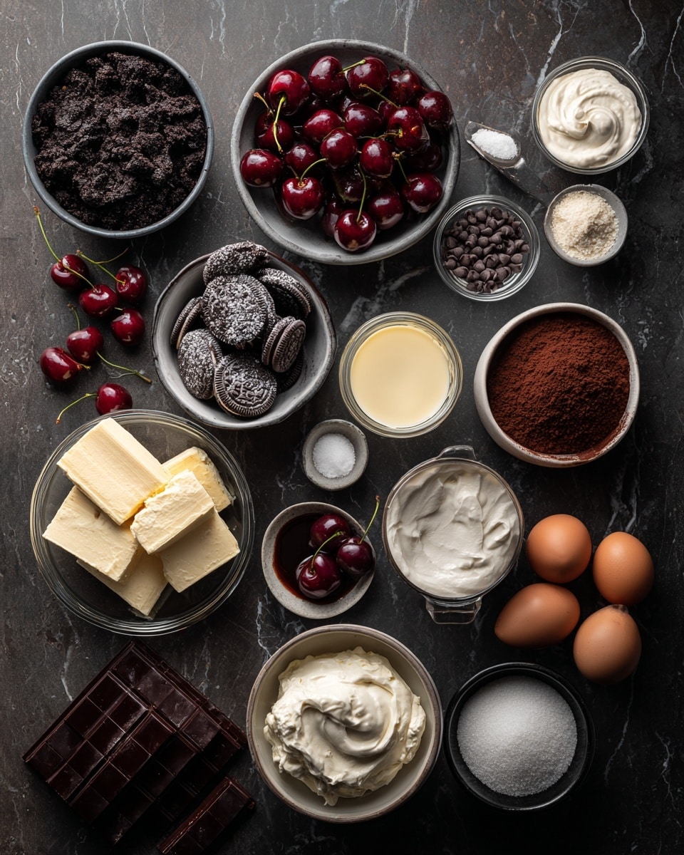 The image shows a rich chocolate cake on a clear glass cake stand with a silver edge, placed on a white marbled surface. The cake has three main visible layers: the base is a dark chocolate crust, the middle is a thick, smooth dark chocolate filling, and the top layer features a bright red cherry filling. On top of the cherry layer, there is a generous white cream layer with a soft, fluffy texture. The cake is finished with fresh whole cherries with stems, arranged on the cream. A slice is taken out, revealing the inside clearly. A few cherries are scattered on the white marbled surface around the cake. The background is a soft, blurred mix of light green and white, giving a natural light look. photo taken with an iphone --ar 4:5 --v 7