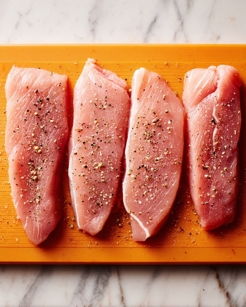 Four raw thin slices of meat are placed side by side in a row on an orange cutting board, each slice sprinkled evenly with black pepper and light seasoning. The meat has a light pink color with a smooth texture and some natural lines showing muscle fibers. The cutting board rests on a surface with a white marbled texture. photo taken with an iphone --ar 4:5 --v 7