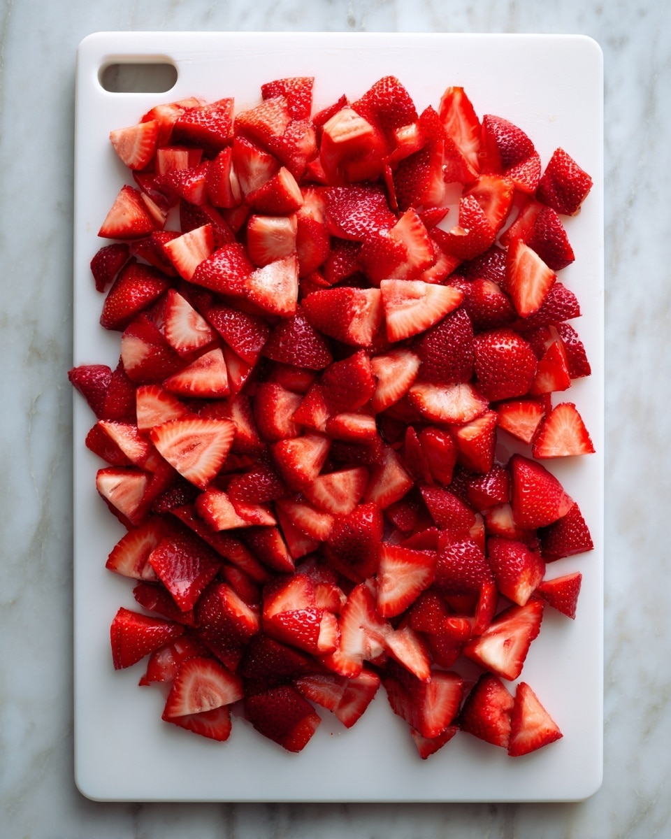 A white cutting board placed on a white marbled surface is covered with many pieces of sliced fresh strawberries. The strawberries are cut into irregular triangular shapes showing their bright red outer skin and pale red inner flesh with seeds visible. The pieces are spread evenly across the board, creating a colorful contrast between the red fruit and the white board. photo taken with an iphone --ar 4:5 --v 7