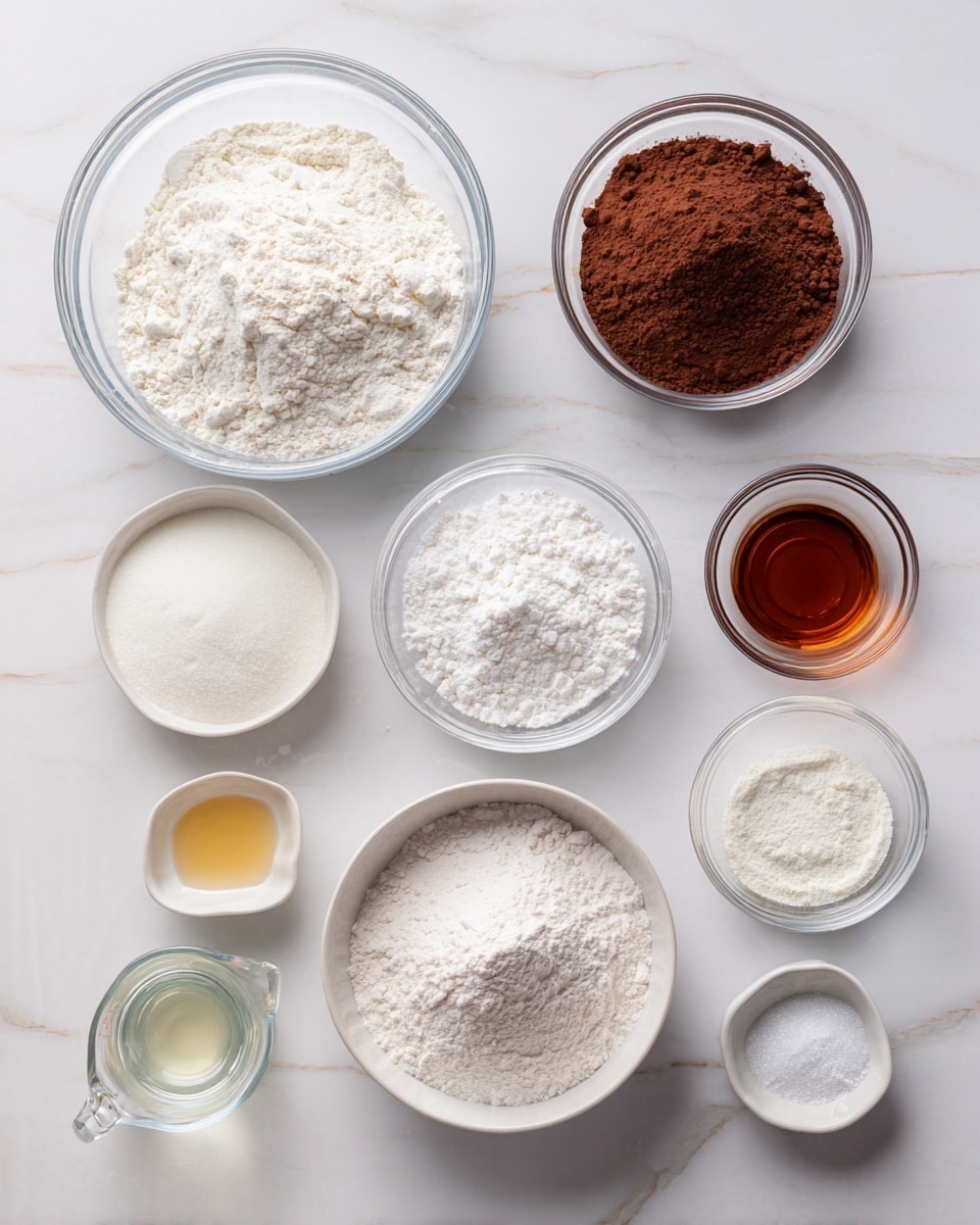 The image shows a white marbled surface with twelve small white and clear glass bowls arranged in a loose grid. The bowls contain different powdered and liquid ingredients. Starting from the top left, there is a large clear glass bowl filled with white flour. To its right, a small clear glass bowl holds cocoa powder, and next to it is a larger white bowl filled with a fine white powder, possibly powdered sugar. Below these, from left to right, there is a small white bowl with granulated sugar, a small clear bowl with a dark amber liquid, a small clear bowl with a white powder, and a small clear glass bowl with another portion of cocoa powder. At the bottom left corner, a clear glass measuring cup contains water, next to it a clear glass bowl with a light yellow oil, a small empty clear bowl, a small white bowl with a little dark amber liquid, and a tiny empty white bowl. The layout is simple and clean, with each ingredient clearly visible. Photo taken with an iphone --ar 4:5 --v 7