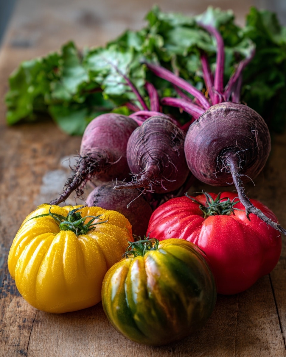 The image shows a group of fresh vegetables arranged on a wooden surface with a white marbled texture. At the front, there are three large heirloom tomatoes in yellow, red, and dark green colors, each with a smooth and slightly ribbed texture. Behind them, a bunch of four round beets with dusty purple skin sits with long, thin roots and deep green leaves extending backward, adding natural green tones and texture. The vegetables are naturally stacked with the beets forming the back layer and tomatoes at the front and sides. The lighting is soft and natural, highlighting the colors and details of each vegetable. Photo taken with an iphone --ar 4:5 --v 7
