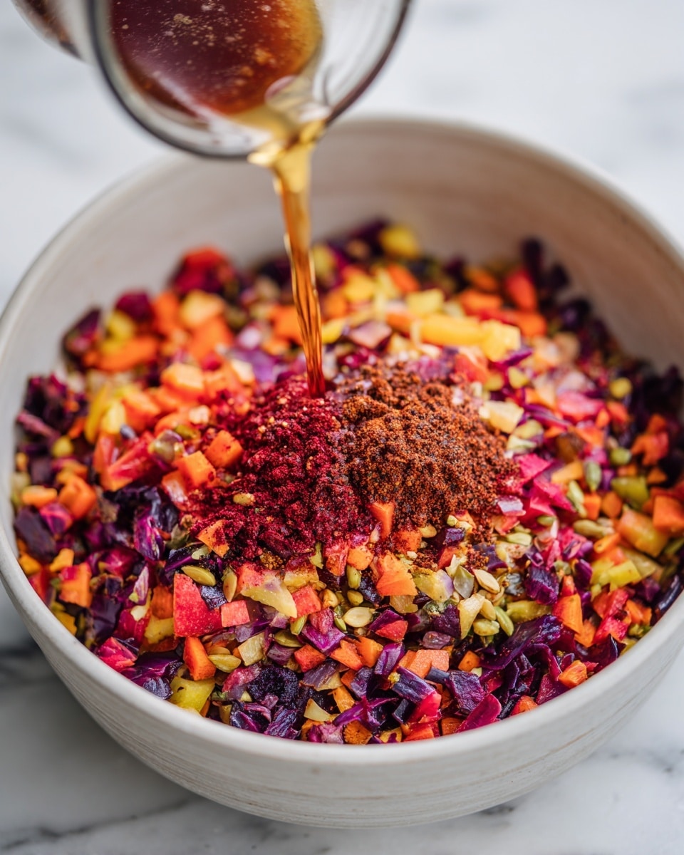 A white pot filled with many colorful chopped vegetables including yellow, orange, red, and purple pieces, mixed with small seeds and green bits. On top of the vegetables are two brownish-red powders and a small red paste, with a clear liquid being poured in from above. The mix looks fresh and rich in texture with a busy, vibrant mix of colors and shapes. The background is a white marbled surface. photo taken with an iphone --ar 4:5 --v 7