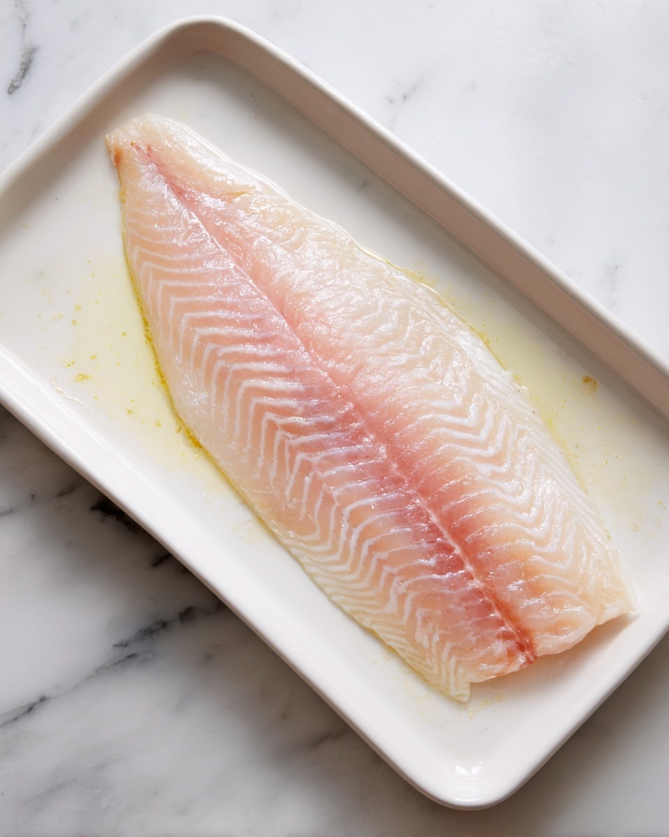 A single large fish fillet with a pale pink and white color lies flat inside a white dish, showing smooth, moist texture with fine natural lines running along the length of the fillet. The fish has a slight sheen, indicating freshness, and is placed on a clean white marbled surface that adds a soft contrast. Some light oil or moisture is visible around the fillet on the dish, enhancing the sense of freshness. photo taken with an iphone --ar 4:5 --v 7
