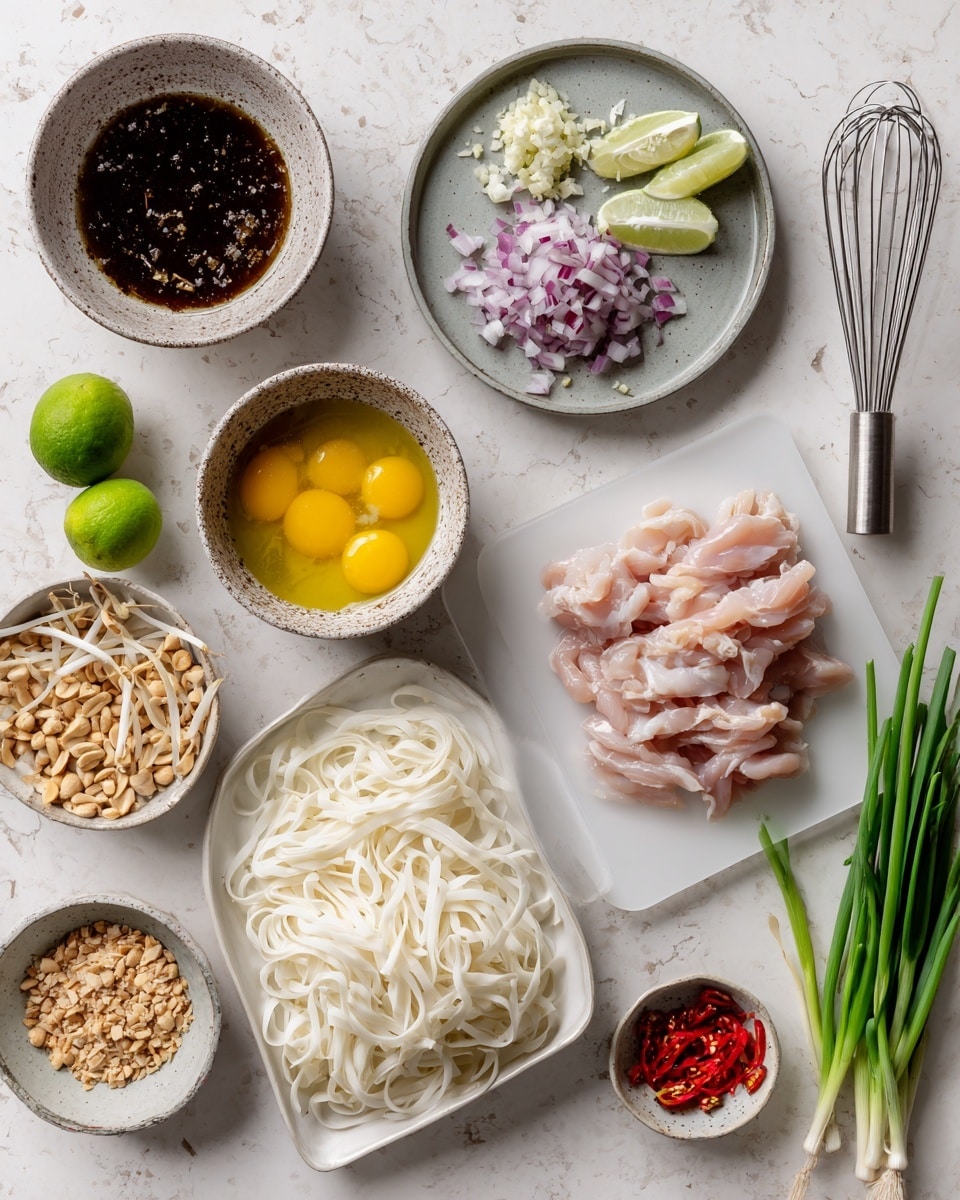 The image shows ingredients neatly placed on a white marbled surface. In the bottom left, there is a white rectangular dish holding cooked flat white noodles. To its right, raw pink chicken strips are laid out on a clear cutting board. Above the chicken, a grey plate contains finely chopped light purple shallots, small white garlic pieces, and two halves of a bright green lime. To the left of that plate, there is a speckled bowl with a yellow beaten egg mixture and above it, a grey speckled bowl filled with crushed peanuts and a small metal whisk. There is also a bowl of dark brown sauce with a small whisk inside it near the top left, while the top right shows a white plate with fresh green onion stalks, bean sprouts, and two lime halves. A small white bowl of red chili flakes is seen on the right side. All elements are clear and well arranged, photo taken with an iphone --ar 4:5 --v 7