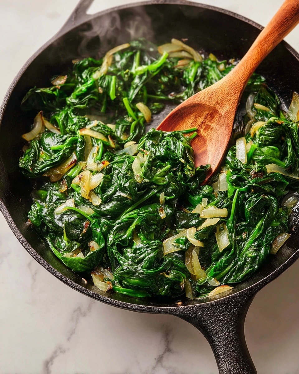 A close-up image of a black cast iron pan filled with bright green wilted spinach leaves mixed with translucent light golden chopped onions, with some darker caramelized bits visible. A wooden spoon with a light brown handle rests inside the pan. Steam rises gently from the mixture. The pan is set against a white marbled texture surface. photo taken with an iphone --ar 4:5 --v 7
