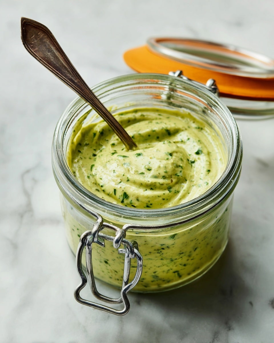 A clear glass jar filled with a creamy green sauce that has a thick, slightly chunky texture with visible small bits of herbs throughout. A silver spoon is partially immersed inside the jar, stirring the sauce. The jar has metal clasps and an orange rubber seal on the hinged lid, which is open and resting behind the jar. The jar sits on a white marbled surface. photo taken with an iphone --ar 4:5 --v 7