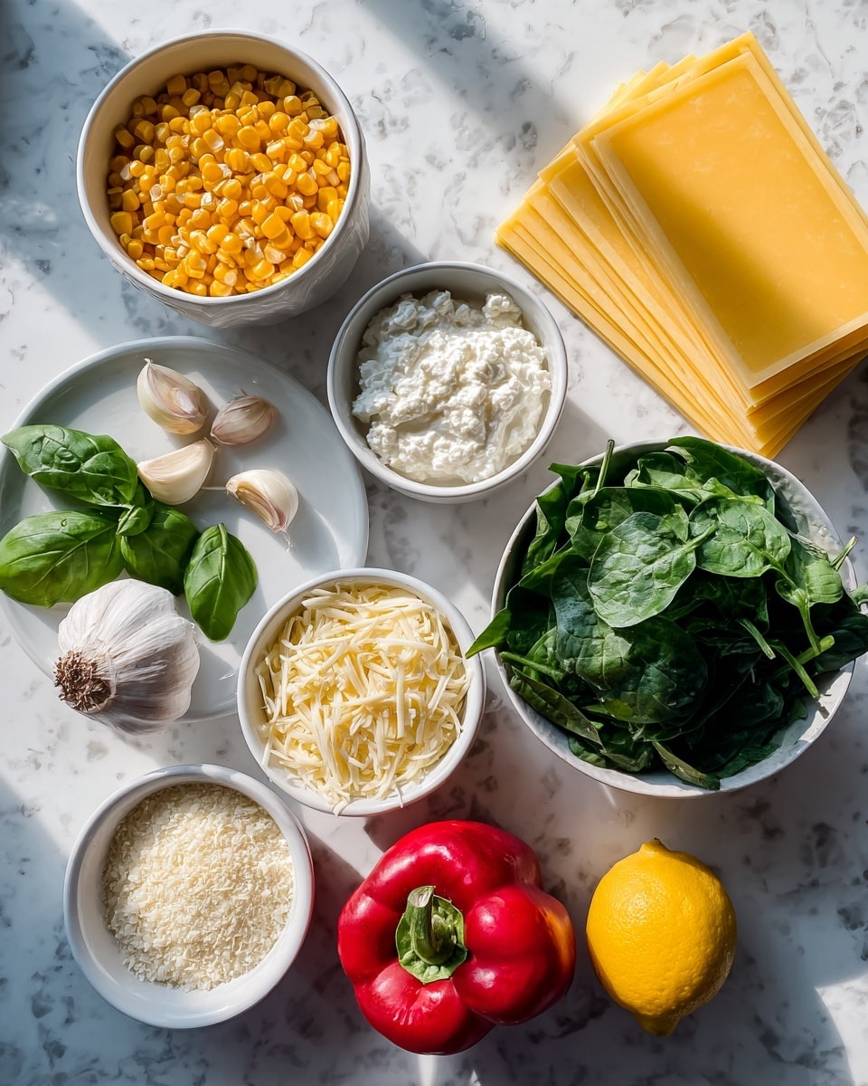 A top view shows a white marbled surface with several small white bowls and plates holding fresh ingredients. There is a small white bowl filled with bright yellow corn kernels near the top left. To the right, yellow uncooked lasagna sheets are stacked neatly. Below them, a white bowl contains white ricotta cheese, and next to it, a bowl holds shredded light yellow cheese. In the center, a larger white bowl is filled with fresh green spinach leaves. On the left, a white plate holds green basil leaves, several garlic cloves, and a small onion. Below the plate, a whole red bell pepper and a whole lemon rest on the marbled surface. A white bowl filled with grated parmesan cheese is near the bottom center. The whole scene has bright, natural lighting. Photo taken with an iphone --ar 4:5 --v 7
