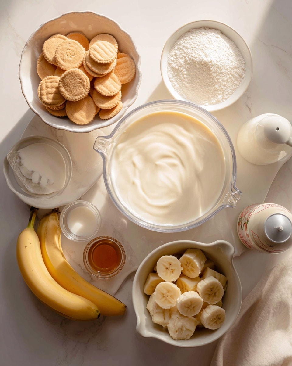 A transparent rectangular container filled with creamy white ice cream mixed with small yellow banana slices and whole round golden vanilla wafer cookies scattered on top and throughout the ice cream. A metal spoon scoops a rounded portion of the ice cream near the center, showing chunks of the wafers inside. The container is placed on a white marbled surface with more wafer cookies and a bunch of bright yellow bananas in the blurred background. The texture looks smooth and dense with visible cookie crumb pieces. Photo taken with an iphone --ar 4:5 --v 7