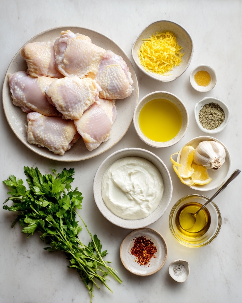 The dish shows a white bowl filled with a base layer of fluffy white rice. On top, there are several pieces of grilled chicken sliced into strips, browned and slightly charred on the edges, scattered with small green herb leaves. On one side of the chicken, there are bright red halved cherry tomatoes placed neatly. On the other side, two lemon wedges with a fresh yellow color sit against the rice. The bowl rests on a white marbled surface with a subtle soft light. Photo taken with an iphone --ar 4:5 --v 7