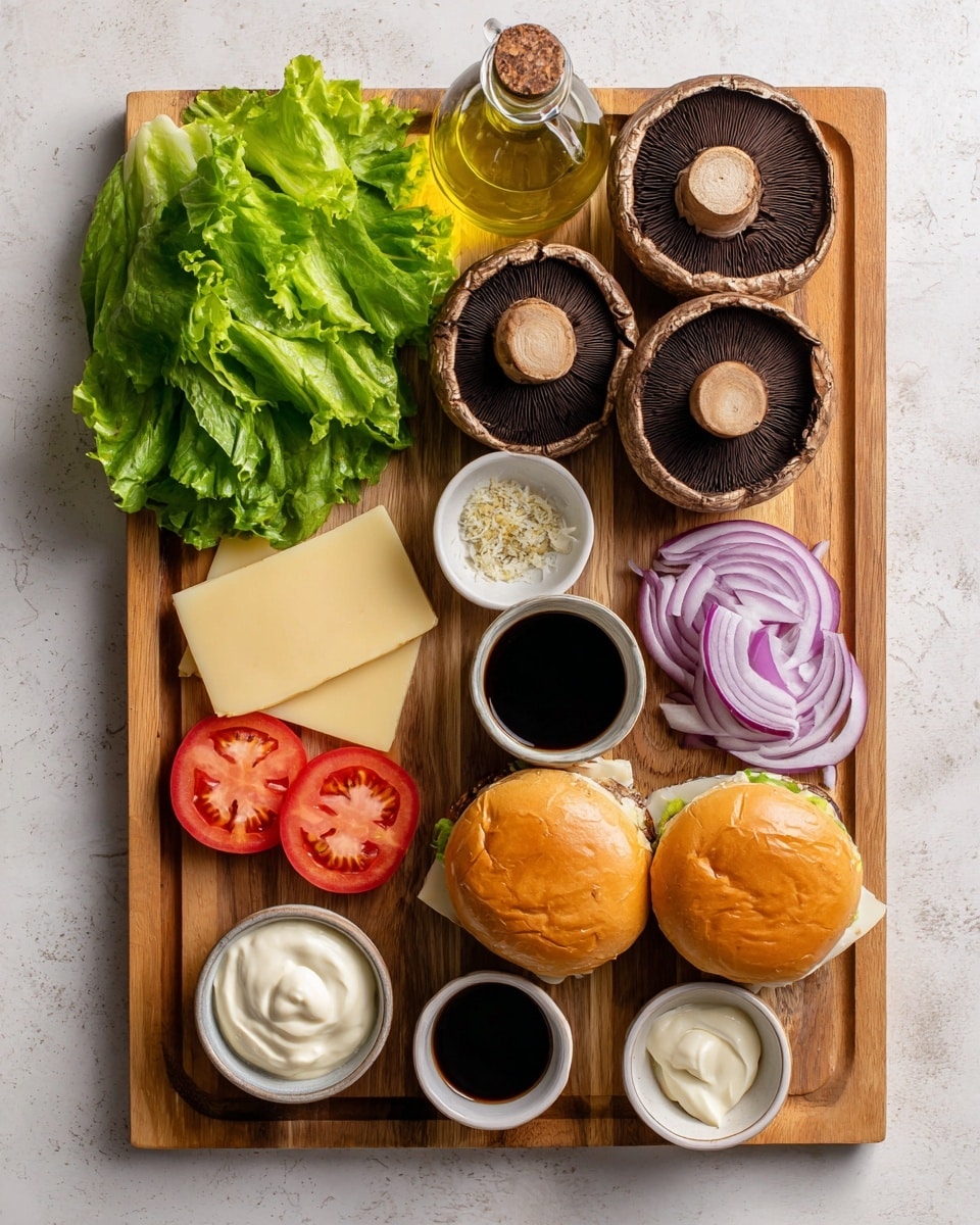 The image shows a sandwich placed on a round white plate with a textured gray surface, set on a white marbled background. The sandwich has a soft, golden-brown top bun with a small tear. The bottom bun supports several layers: melted light yellow cheese, a dark brown grilled mushroom layer with a slightly shiny texture, a fresh green leafy layer, a bright red slice of tomato, thick slices of purple onion, and a creamy orange sauce dripping slightly. In the background, a blurred second sandwich is visible. Photo taken with an iphone --ar 4:5 --v 7