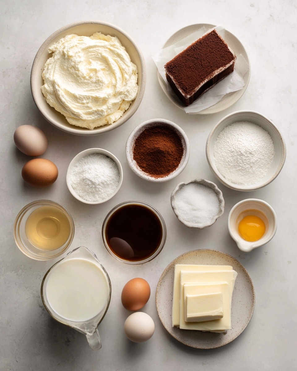 A rectangular layered dessert is shown on a white plate with a white marbled background. The dessert has four distinct layers: the top layer is a smooth, dark brown dusting of cocoa powder; below it is a thick, creamy pale yellow layer; under that is a thin, faint brown layer; and the bottom is a light beige cake base with a soft texture. Next to it on the right, another slice of the same dessert stands on a round white plate with bead-like edges. A woman's hand is lifting the rectangular piece with a clear spatula. In the background, a small sign reads