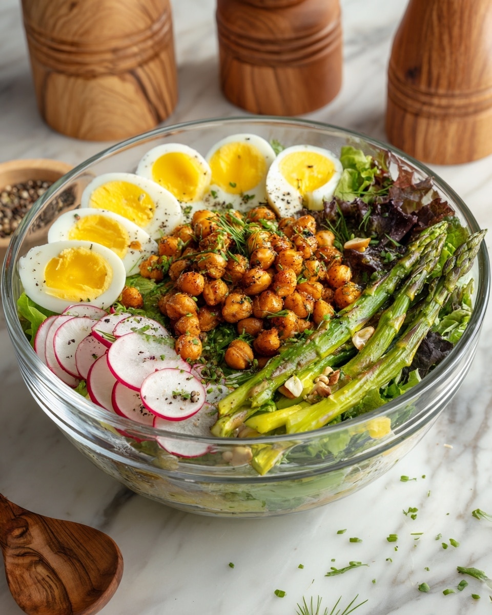 The dish is a fresh green salad served on a white plate, placed on a white marbled surface. The salad has a mix of bright green arugula leaves layered across the plate, with chopped green asparagus pieces and green peas scattered throughout. There are thin slices of radish with white centers and red edges layered within the greens. Two halves of a soft-boiled egg with a yellow yolk and white edges sit on top of the greens. Small beige chickpeas are spread over the salad, adding round shapes and a contrasting texture. The salad is sprinkled with tiny bits of herbs and black pepper for added detail. The colors are bright and fresh, with varying green tones, creamy white from the eggs, and some pops of red from the radish. Photo taken with an iphone --ar 4:5 --v 7
