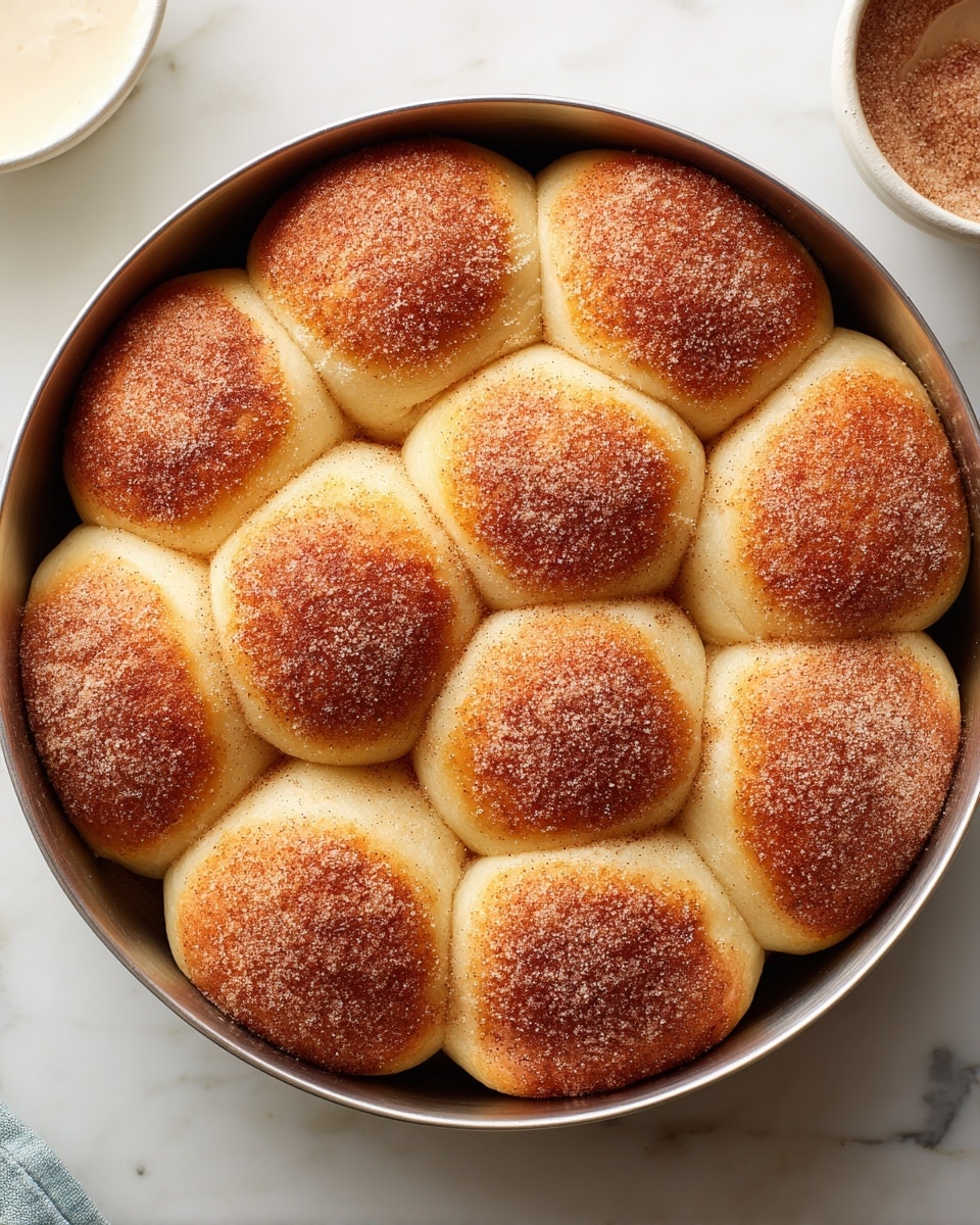 A round metal pan filled with a layer of soft, golden brown dough balls tightly packed together. Each dough ball has a slightly rough texture with a light dusting of cinnamon sugar giving them a warm, speckled appearance. The dough balls are evenly browned on top, showing a mix of light and darker golden patches. The pan is placed on a white marbled surface, with part of a white bowl with a sauce or dip just visible on the right side. photo taken with an iphone --ar 4:5 --v 7