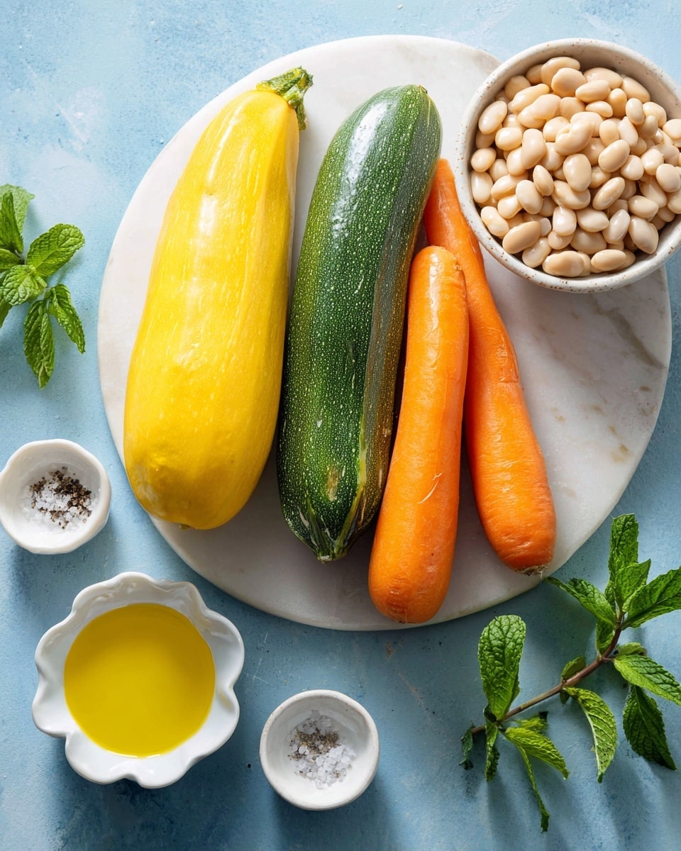 The image shows four whole vegetables placed on a white plate with a white marbled surface underneath: one yellow squash, one green zucchini, and two long orange carrots, all smooth and fresh. To the top right of the plate is a white bowl filled with light beige beans. Below the bowl are a few sprigs of fresh green mint leaves. At the bottom left, there is a white bowl shaped like a flower holding light yellow olive oil. Next to it, two small white round dishes contain white salt and black pepper, and another small bowl with a light yellow liquid is on the right side, all sitting on a blue background. photo taken with an iphone --ar 4:5 --v 7