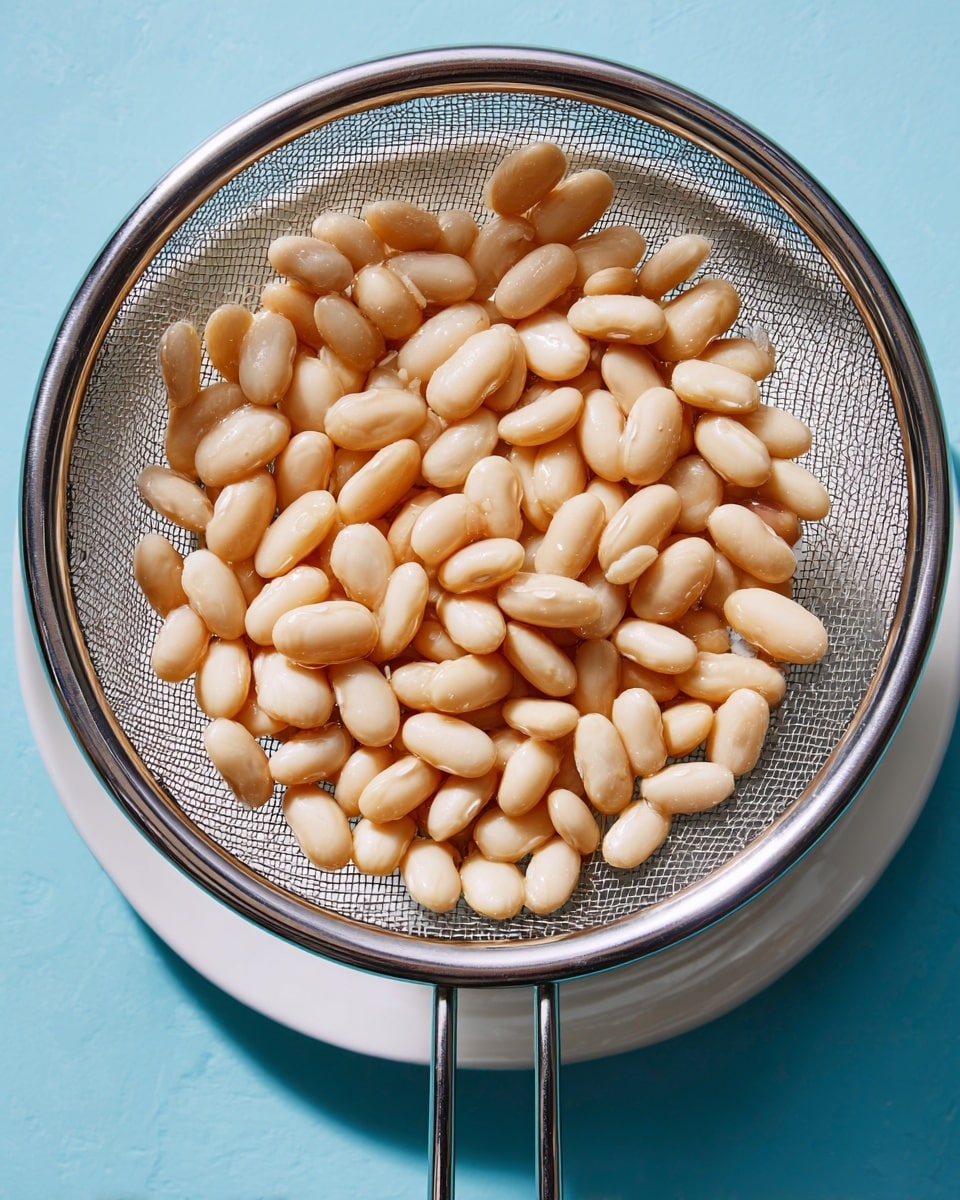 A close-up of a single layer of pale beige white beans inside a round metal fine mesh strainer with a shiny silver frame and long handle, placed on a white plate on a smooth blue surface. The beans are smooth and oval-shaped, filling the strainer evenly, with light reflecting off their slightly shiny skin, showing a clean and fresh appearance. The white plate beneath the strainer is simple and round, creating a contrast with the blue background surrounding it. photo taken with an iphone --ar 4:5 --v 7