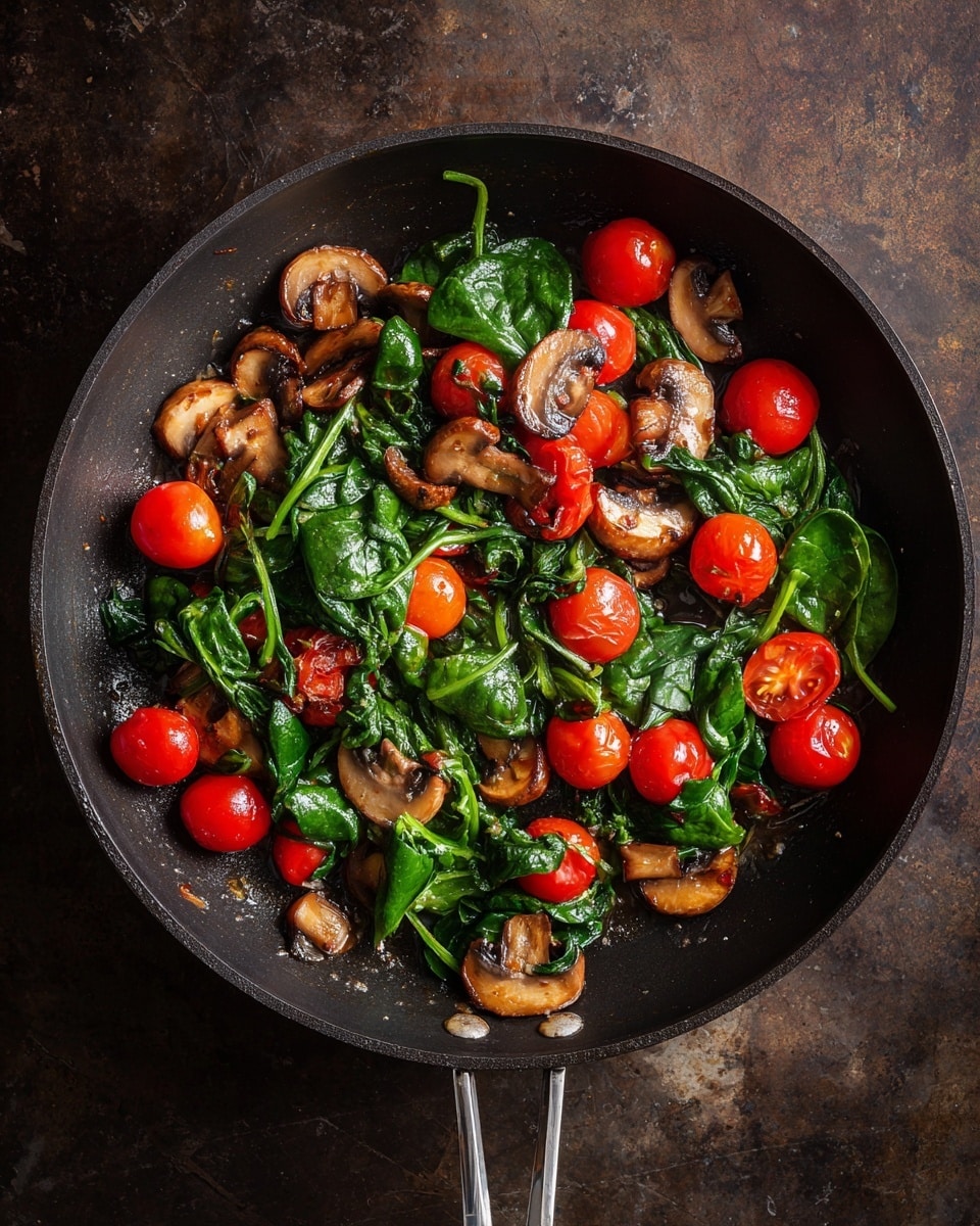 A white bowl holds a colorful dish with four main parts. On the top left, there are two halves of a soft-boiled egg with bright orange yolks sprinkled with red pepper flakes. To the right of the eggs, a smooth, light beige hummus layer has a small pool of olive oil in its center, sprinkled with black pepper. Below, a mix of glossy roasted cherry tomatoes, dark purple olives, and golden brown sautéed mushrooms rests on a bed of bright green sautéed spinach leaves. The bowl is placed on a white marbled surface. Photo taken with an iphone --ar 4:5 --v 7