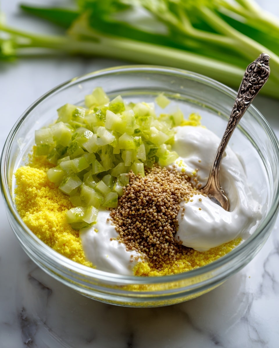 A large mound of creamy yellow potato salad with finely chopped pieces of green celery, red onion, and yellow potato mixed together fills a white bowl, topped with three halved boiled eggs showing bright yellow yolks sprinkled with red seasoning and small green dill leaves, sitting on a white marbled surface with blurred green lettuce and a wooden spoon in the background, a woman's hand holding a spoon is just visible at the bottom left corner, photo taken with an iphone --ar 4:5 --v 7